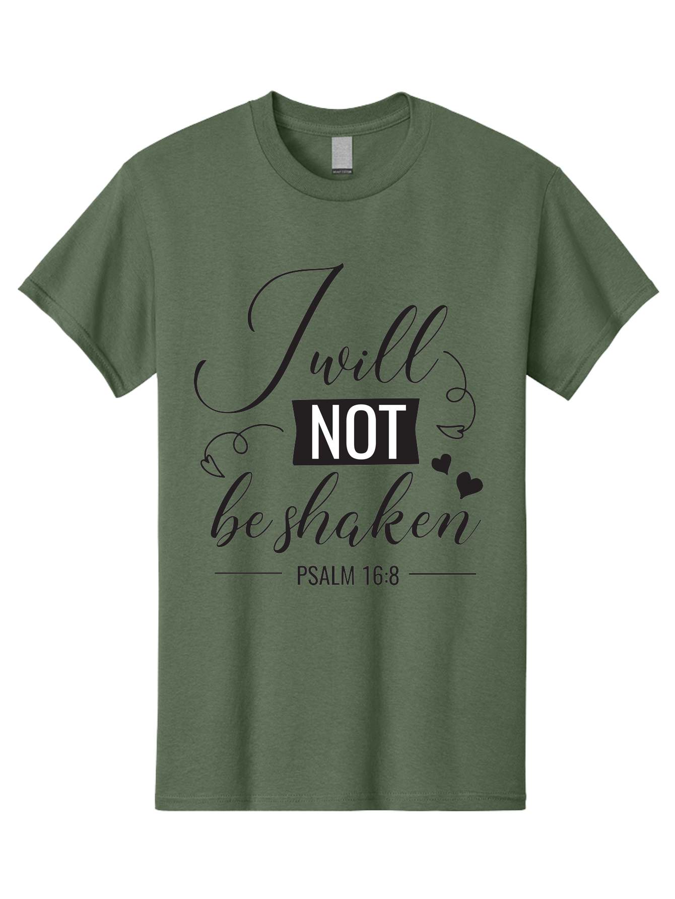 I-Will-Not-Be-Shaken Men'S Graphic Tee, 100% Cotton, Comfortable Casual Summer Wear, Machine Washable, Inspirational Quote, Psalm 16:8, Motivational Phrase, Not Be Shaken, Faith-Based Message, Scripture Quote, Heart Symbols, Typography Design, Aac888