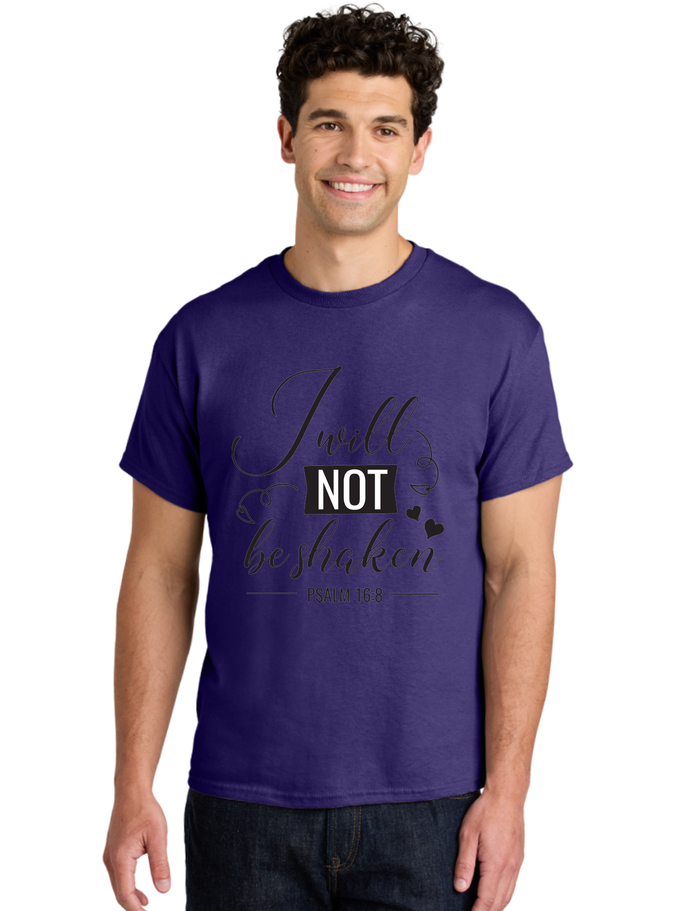 I-Will-Not-Be-Shaken Men'S Graphic Tee, 100% Cotton, Comfortable Casual Summer Wear, Machine Washable, Inspirational Quote, Psalm 16:8, Motivational Phrase, Not Be Shaken, Faith-Based Message, Scripture Quote, Heart Symbols, Typography Design, Aac888