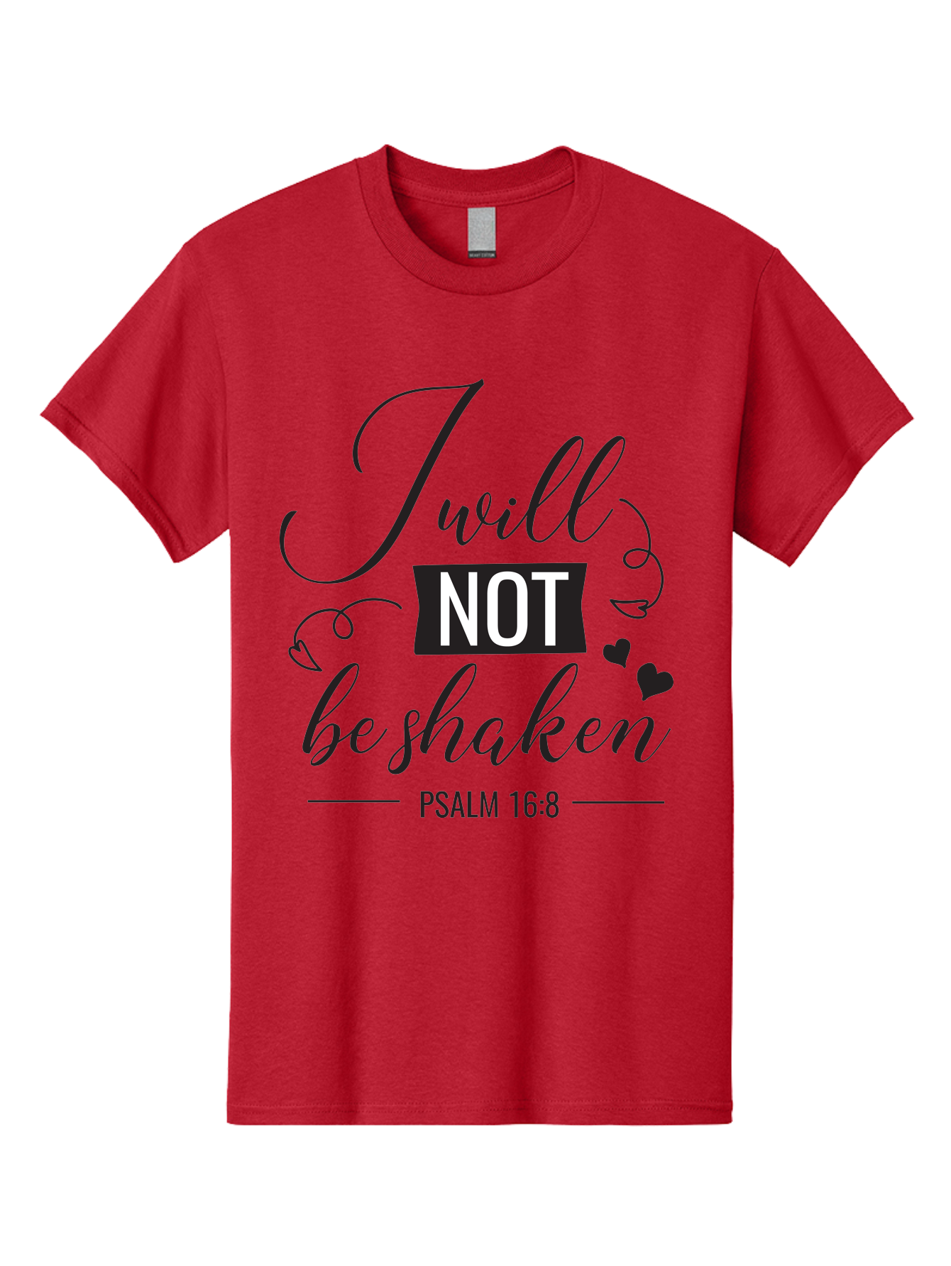 I-Will-Not-Be-Shaken Men'S Graphic Tee, 100% Cotton, Comfortable Casual Summer Wear, Machine Washable, Inspirational Quote, Psalm 16:8, Motivational Phrase, Not Be Shaken, Faith-Based Message, Scripture Quote, Heart Symbols, Typography Design, Aac888
