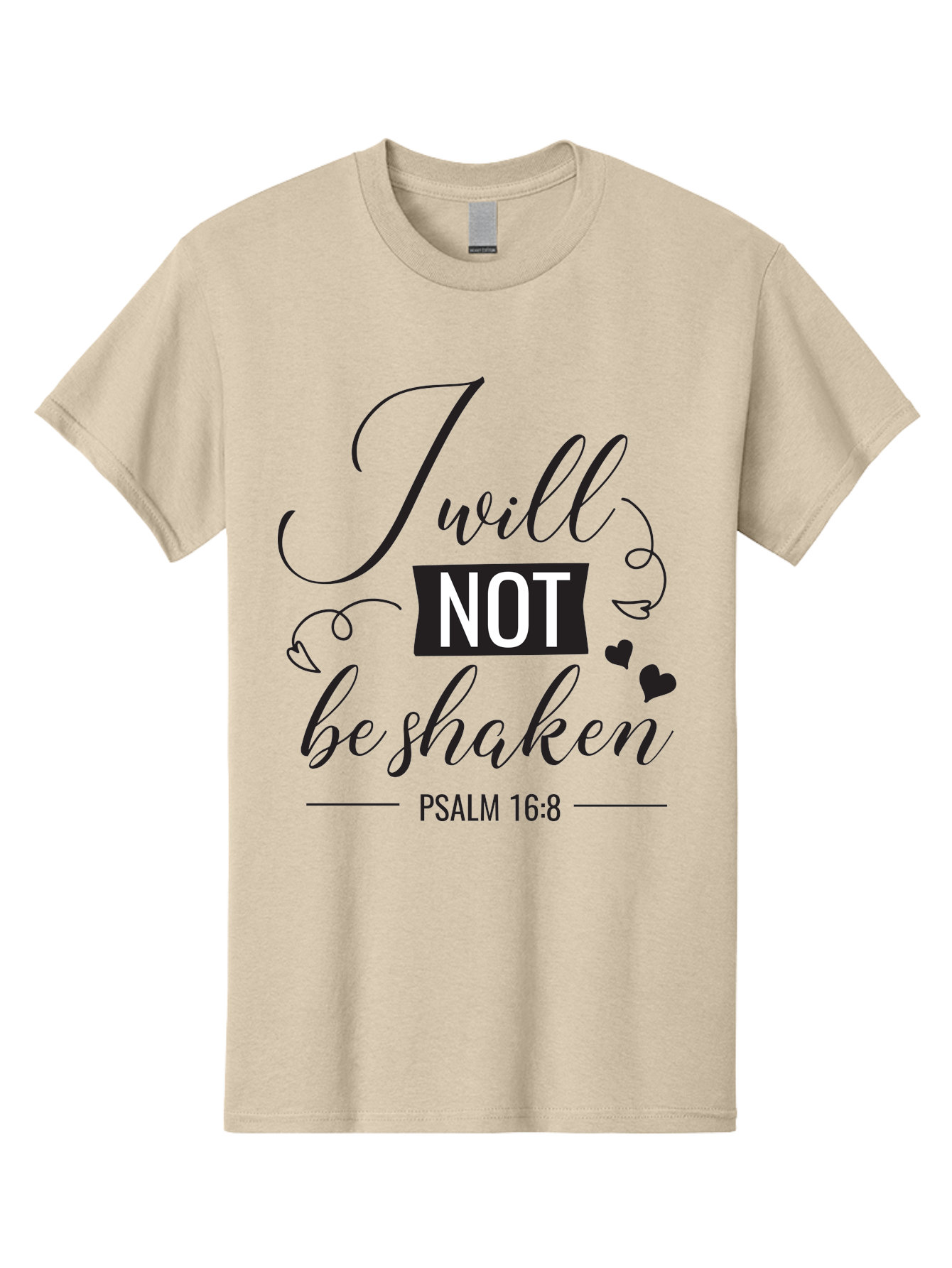 I-Will-Not-Be-Shaken Men'S Graphic Tee, 100% Cotton, Comfortable Casual Summer Wear, Machine Washable, Inspirational Quote, Psalm 16:8, Motivational Phrase, Not Be Shaken, Faith-Based Message, Scripture Quote, Heart Symbols, Typography Design, Aac888