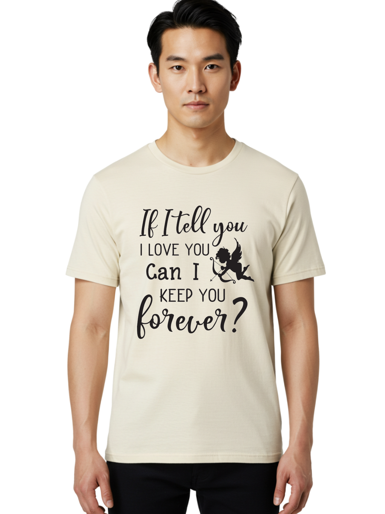 If-I-Tell-You-I-Love-You-Can-I-Keep-You-Forever Men'S Graphic Tee, 100% Cotton, Comfortable Casual Summer Wear, Machine Washable, Love Quote, Romantic Quote, Valentines Day Quote, Cupid Silhouette, Eternal Love, Love Forever, Quote About Love Aac891