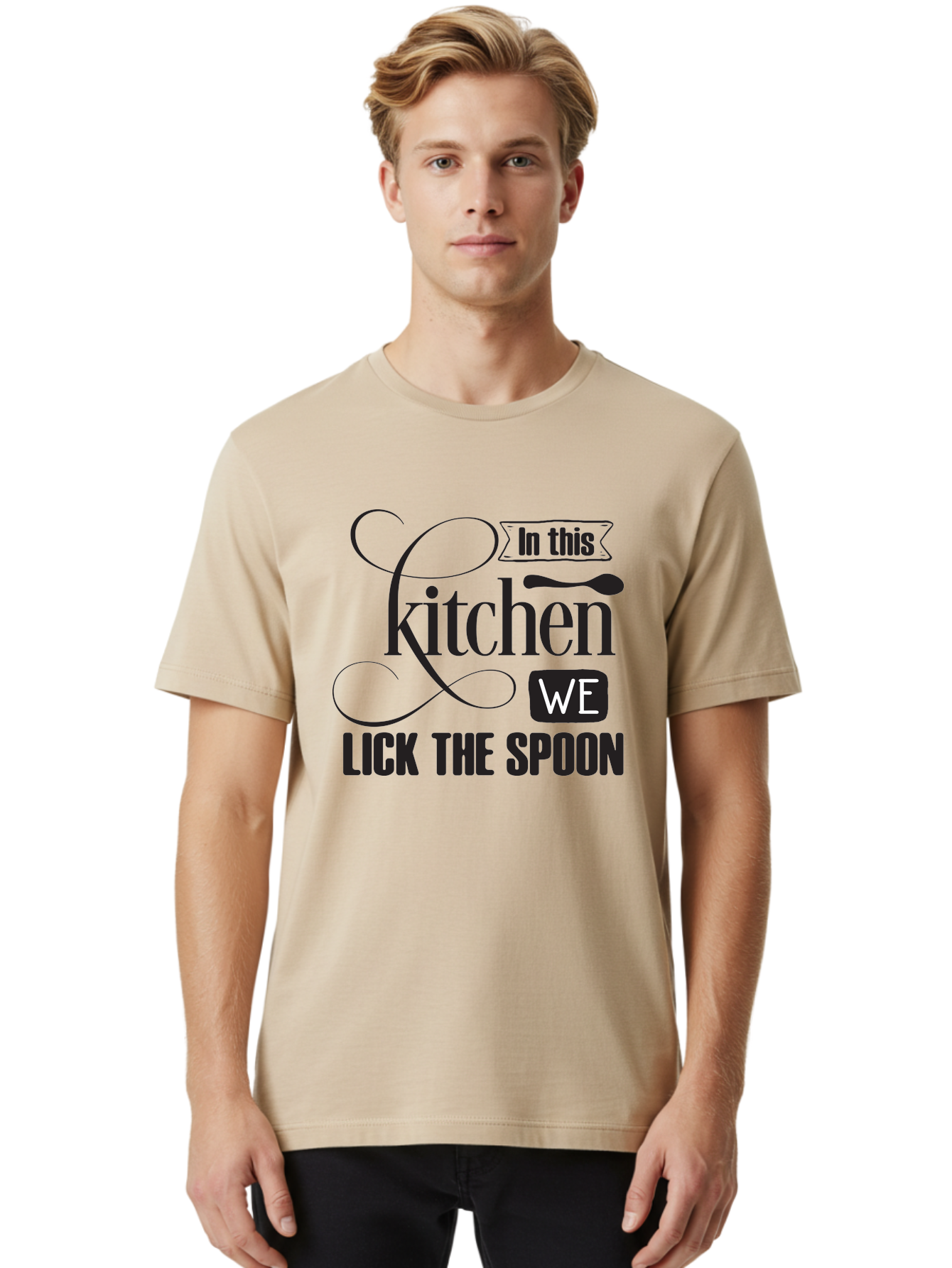 In-This-Kitchen-We-Lick-The-Spoon Men'S Graphic Tee, 100% Cotton, Comfortable Casual Summer Wear, Machine Washable, Kitchen Decor, Cooking Quotes, Culinary Inspiration, Cooking Humor, Kitchen Signs, Foodie Gifts, Lick The Spoon, Aac896