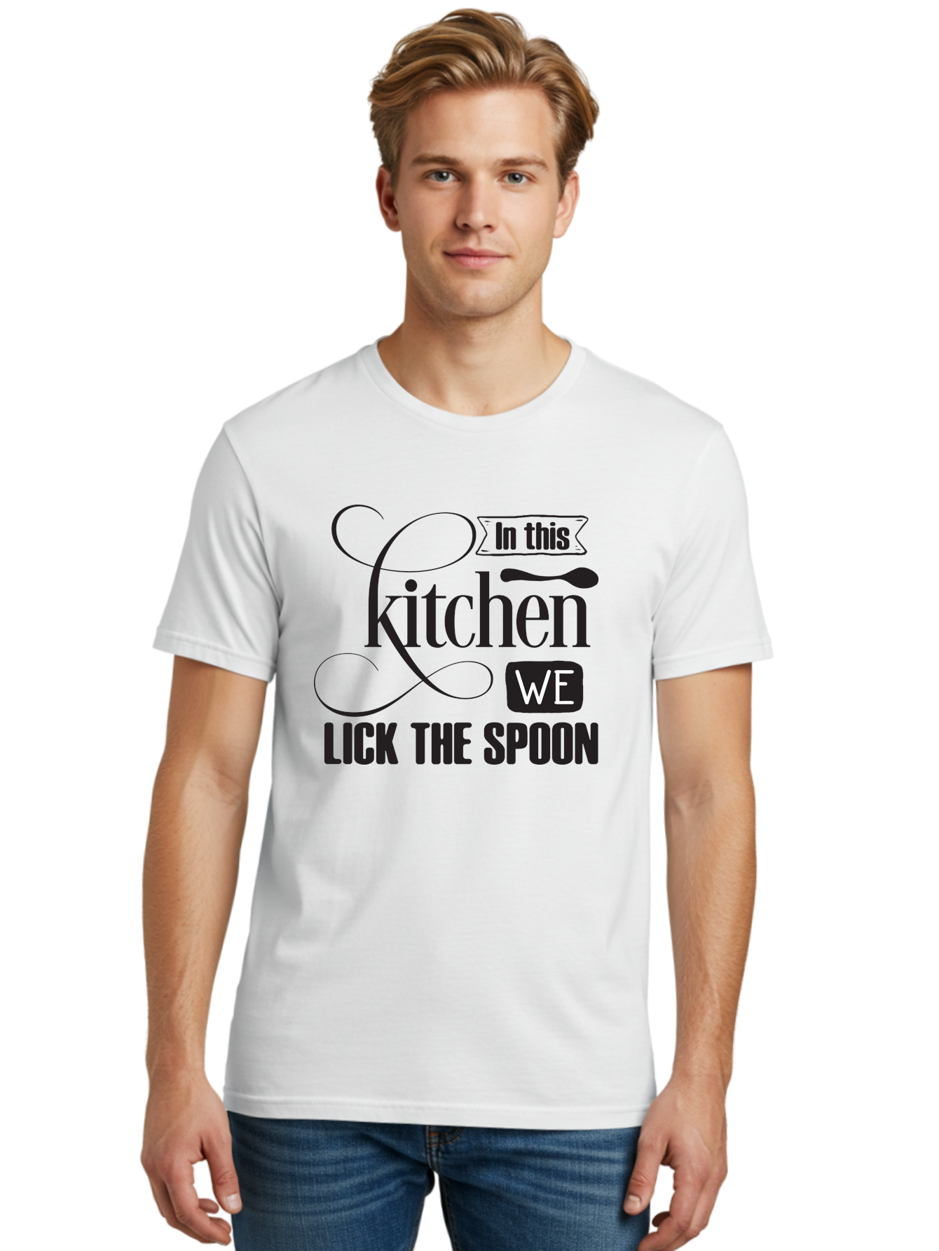 In-This-Kitchen-We-Lick-The-Spoon Men'S Graphic Tee, 100% Cotton, Comfortable Casual Summer Wear, Machine Washable, Kitchen Decor, Cooking Quotes, Culinary Inspiration, Cooking Humor, Kitchen Signs, Foodie Gifts, Lick The Spoon, Aac896