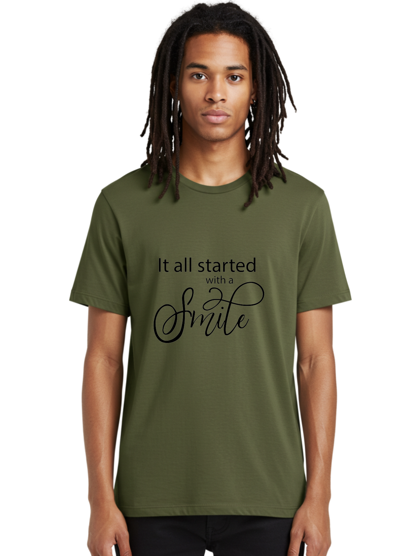 It-All-Started-With-A-Smile Men'S Graphic Tee, 100% Cotton, Comfortable Casual Summer Wear, Machine Washable, Smile Motivational Quote, Inspirational Phrase, Positive Affirmation, Happiness, Joyful Emotions, Encouraging Words, Aac898