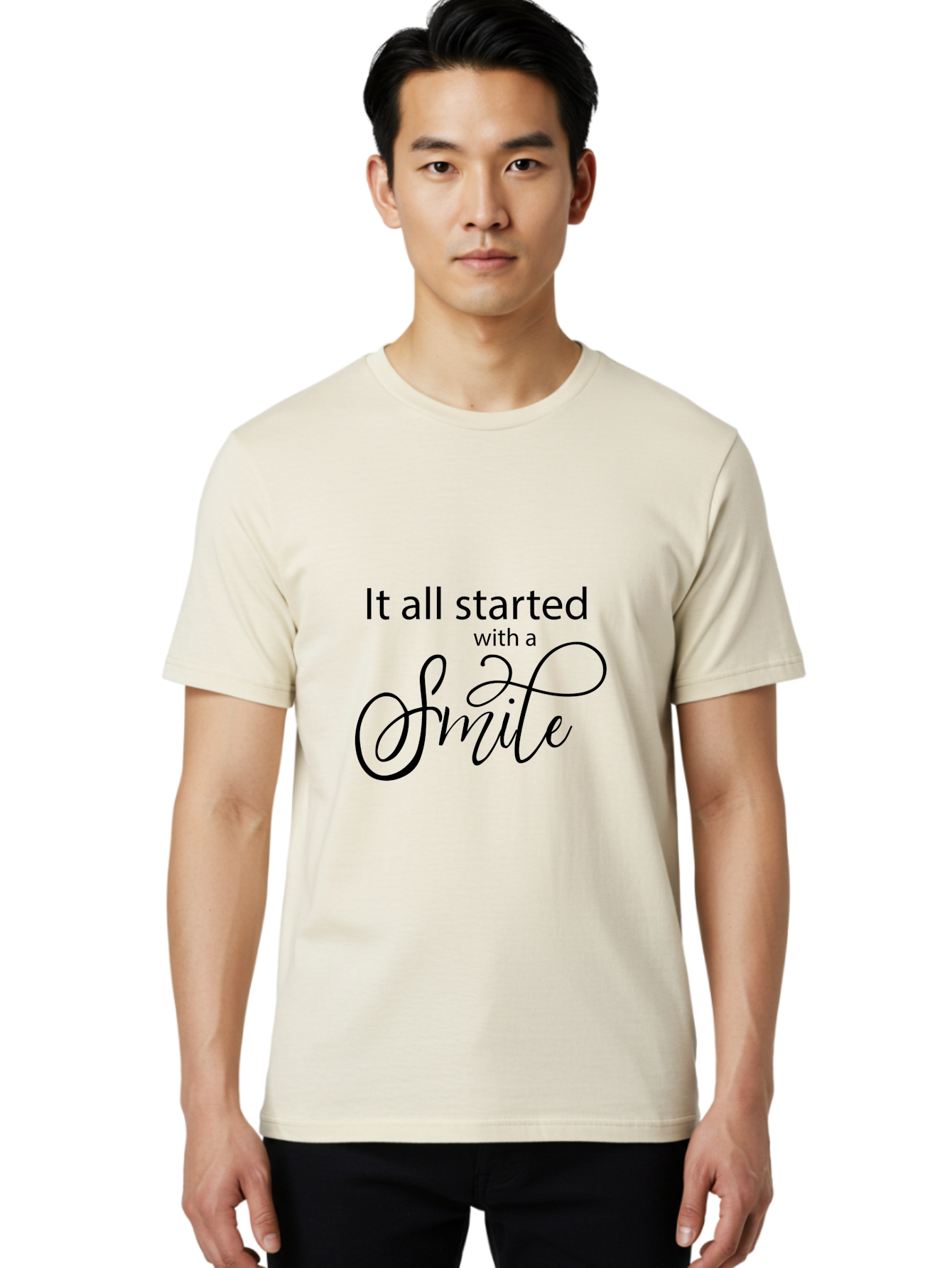 It-All-Started-With-A-Smile Men'S Graphic Tee, 100% Cotton, Comfortable Casual Summer Wear, Machine Washable, Smile Motivational Quote, Inspirational Phrase, Positive Affirmation, Happiness, Joyful Emotions, Encouraging Words, Aac898