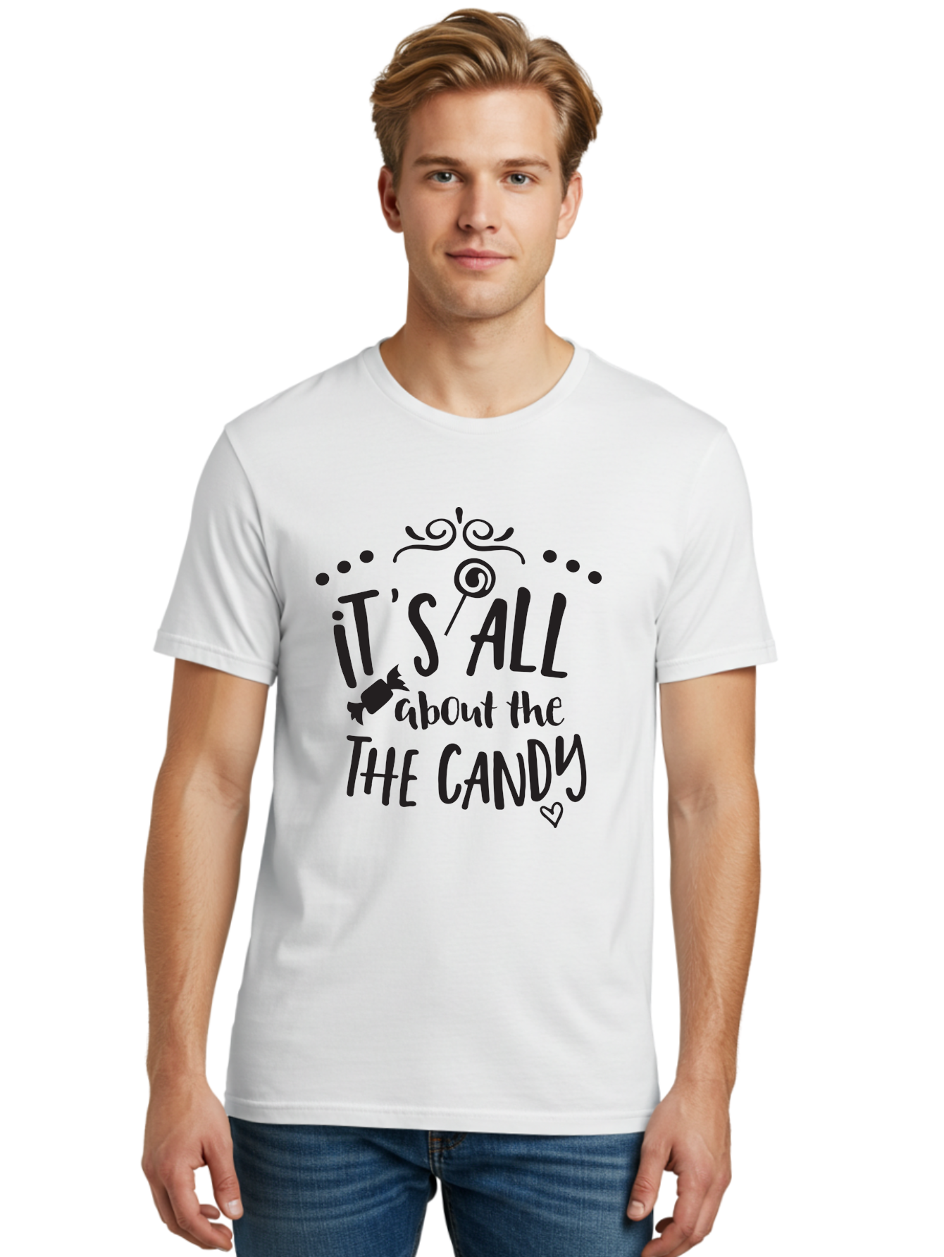 It-S-All-About-The-Candy Men'S Graphic Tee, 100% Cotton, Comfortable Casual Summer Wear, Machine Washable, Candy Quote, Sweet Treats, Lollipop Graphic, Candy Theme, Dessert Lover, Sweet Tooth, Candy Design, Whimsical Font, Decorative Swirls, Aac899
