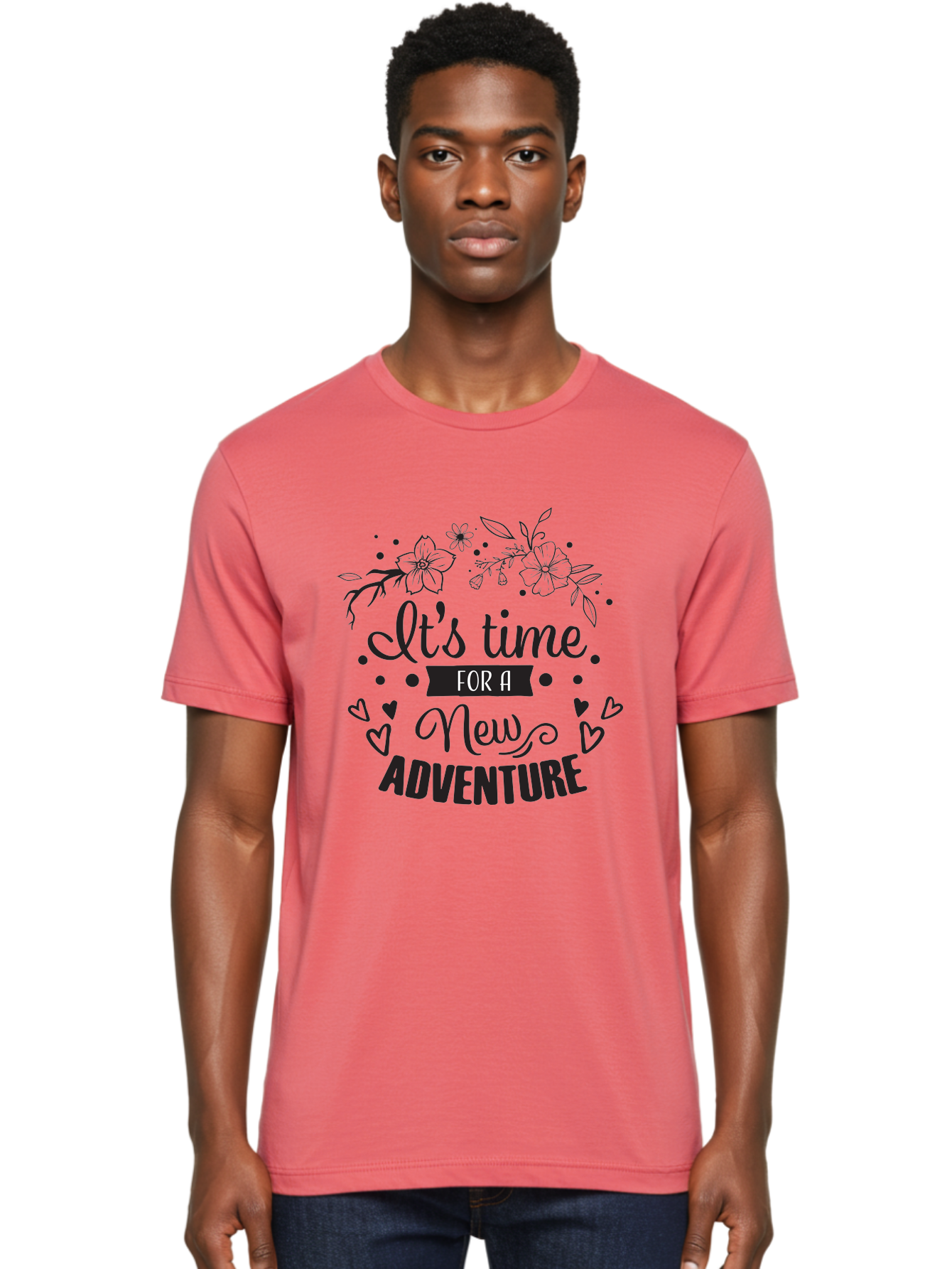 It-S-Time-For-New-Adventure Men'S Graphic Tee, 100% Cotton, Comfortable Casual Summer Wear, Machine Washable, New Adventure, Inspirational Quote, Travel Inspiration, Motivational Message, Adventure Time, Flowers And Hearts, Exploration Theme, Aac902