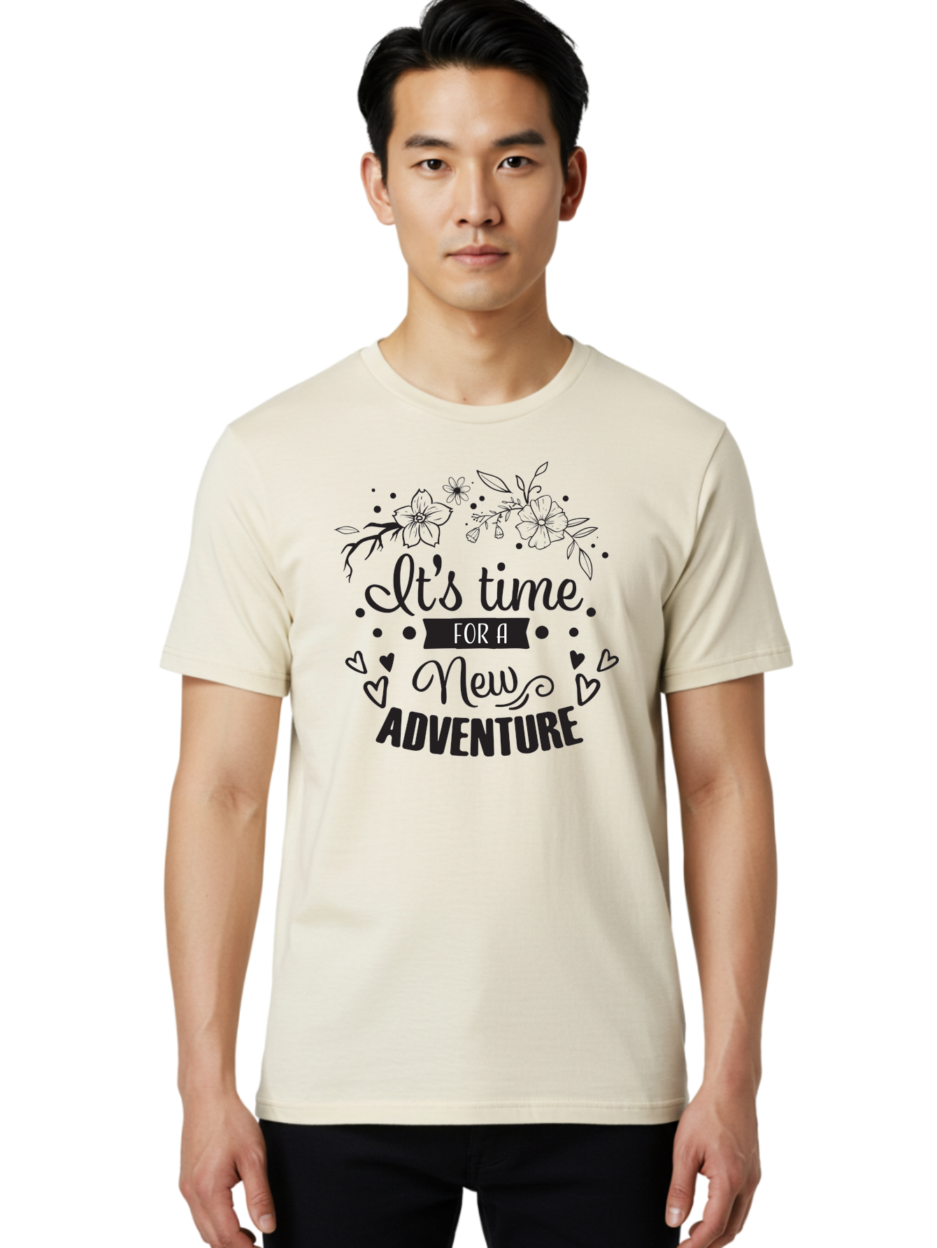 It-S-Time-For-New-Adventure Men'S Graphic Tee, 100% Cotton, Comfortable Casual Summer Wear, Machine Washable, New Adventure, Inspirational Quote, Travel Inspiration, Motivational Message, Adventure Time, Flowers And Hearts, Exploration Theme, Aac902