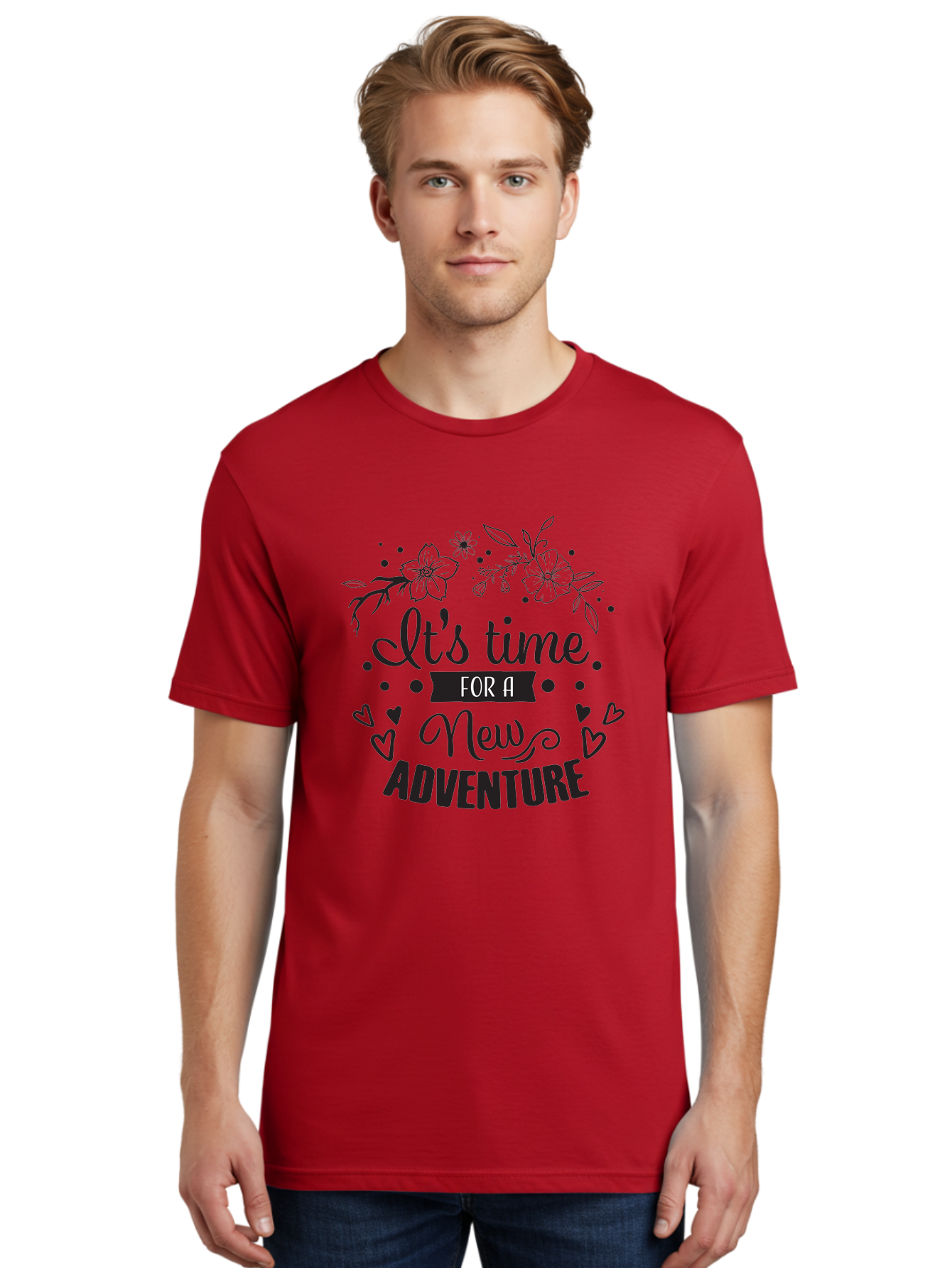 It-S-Time-For-New-Adventure Men'S Graphic Tee, 100% Cotton, Comfortable Casual Summer Wear, Machine Washable, New Adventure, Inspirational Quote, Travel Inspiration, Motivational Message, Adventure Time, Flowers And Hearts, Exploration Theme, Aac902