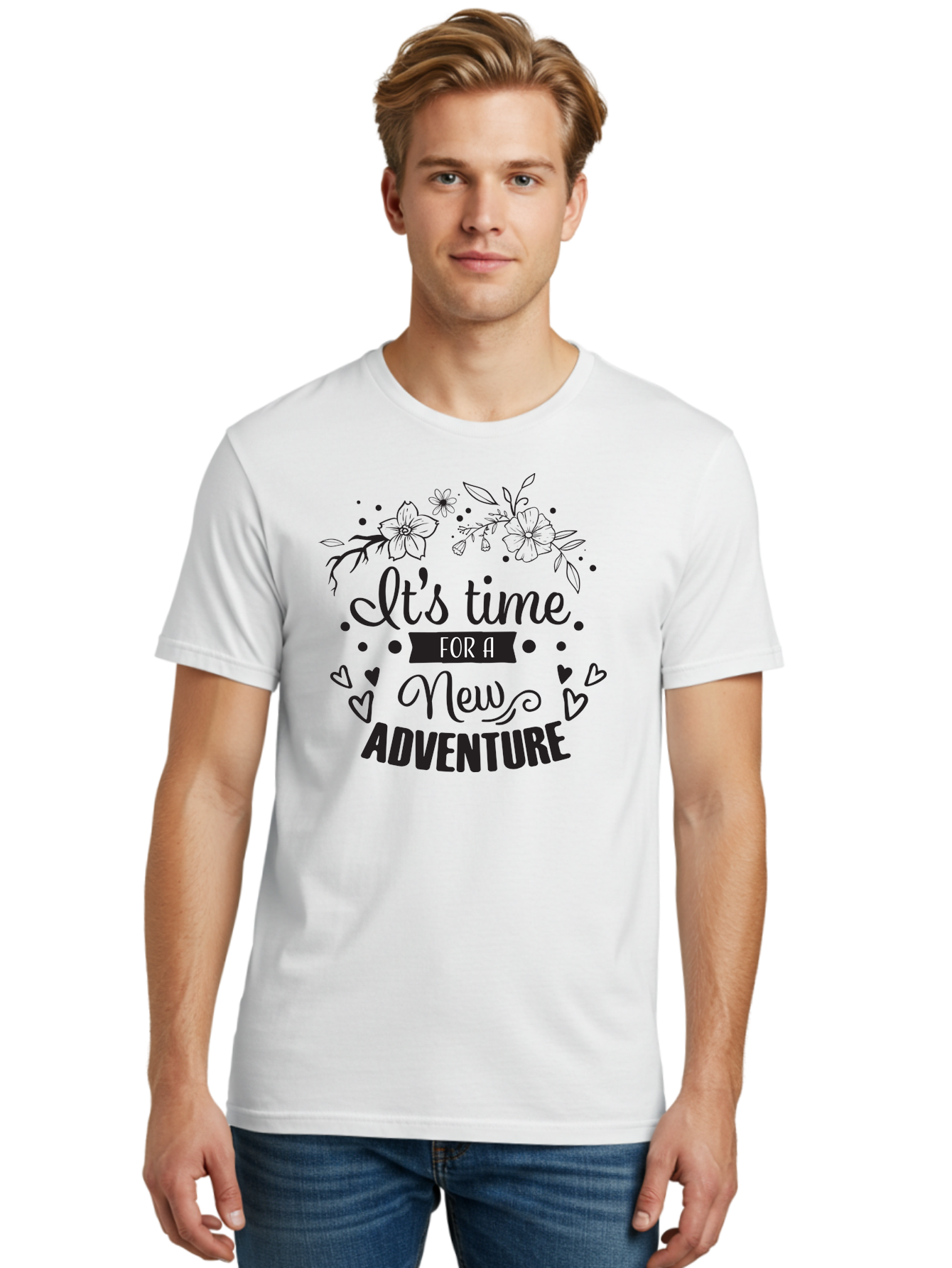 It-S-Time-For-New-Adventure Men'S Graphic Tee, 100% Cotton, Comfortable Casual Summer Wear, Machine Washable, New Adventure, Inspirational Quote, Travel Inspiration, Motivational Message, Adventure Time, Flowers And Hearts, Exploration Theme, Aac902