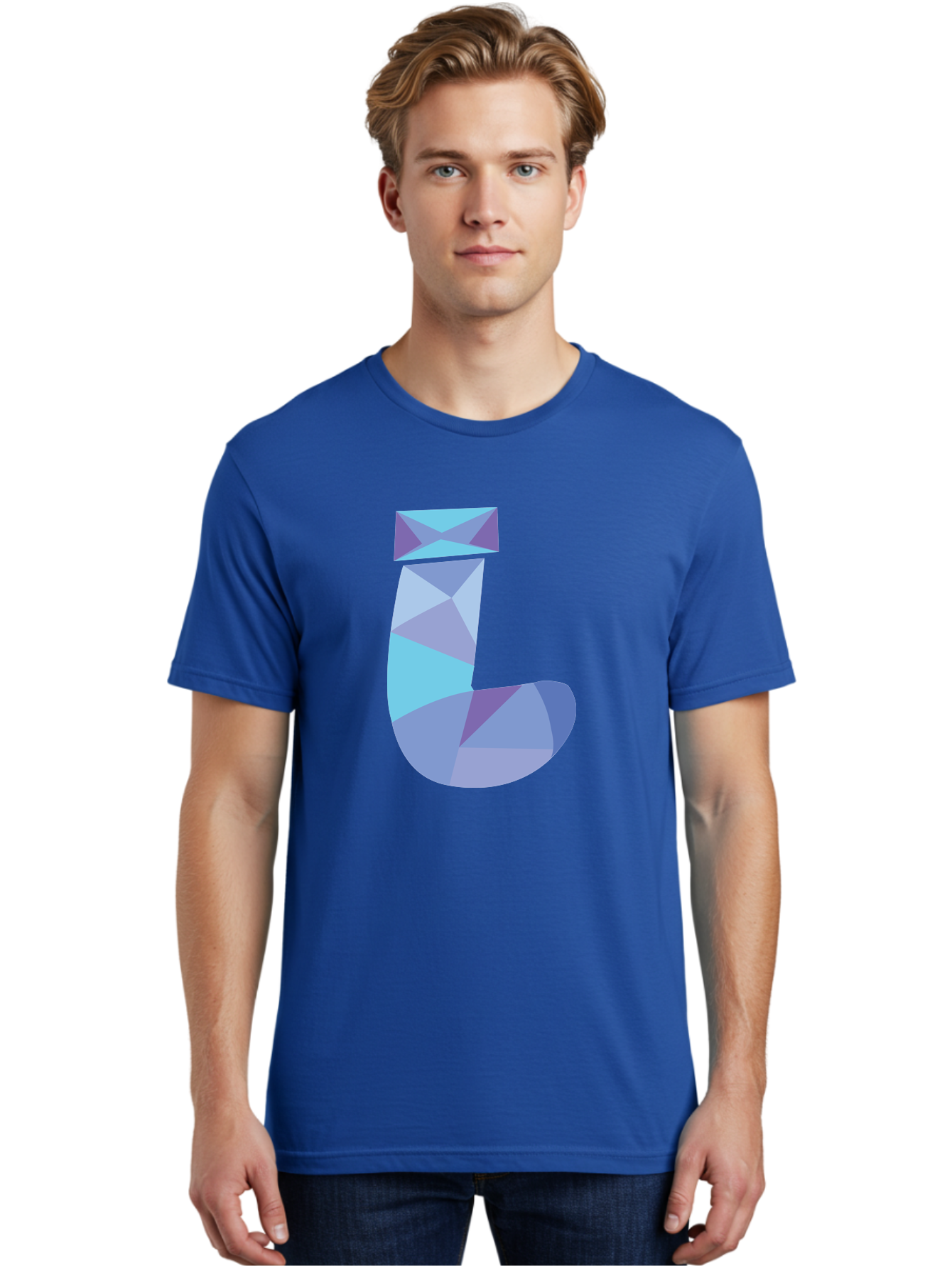 J-2 Men'S Graphic Tee, 100% Cotton, Comfortable Casual Summer Wear, Machine Washable, Geometric Letter J, Abstract Art, Low Poly Design, Blue And Purple Hues, Modern Typography, Stylized Alphabet, Digital Graphic Aac905