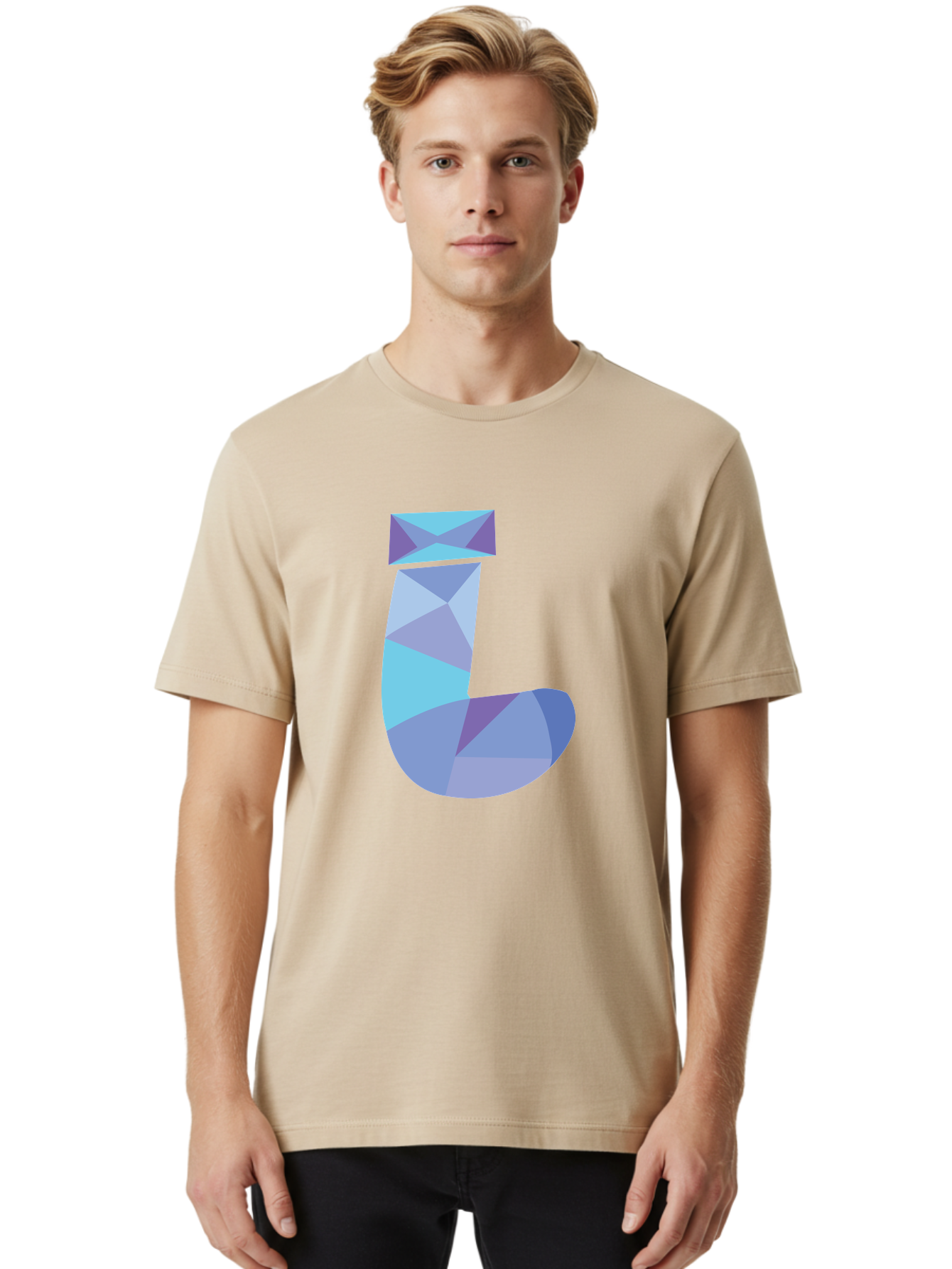 J-2 Men'S Graphic Tee, 100% Cotton, Comfortable Casual Summer Wear, Machine Washable, Geometric Letter J, Abstract Art, Low Poly Design, Blue And Purple Hues, Modern Typography, Stylized Alphabet, Digital Graphic Aac905