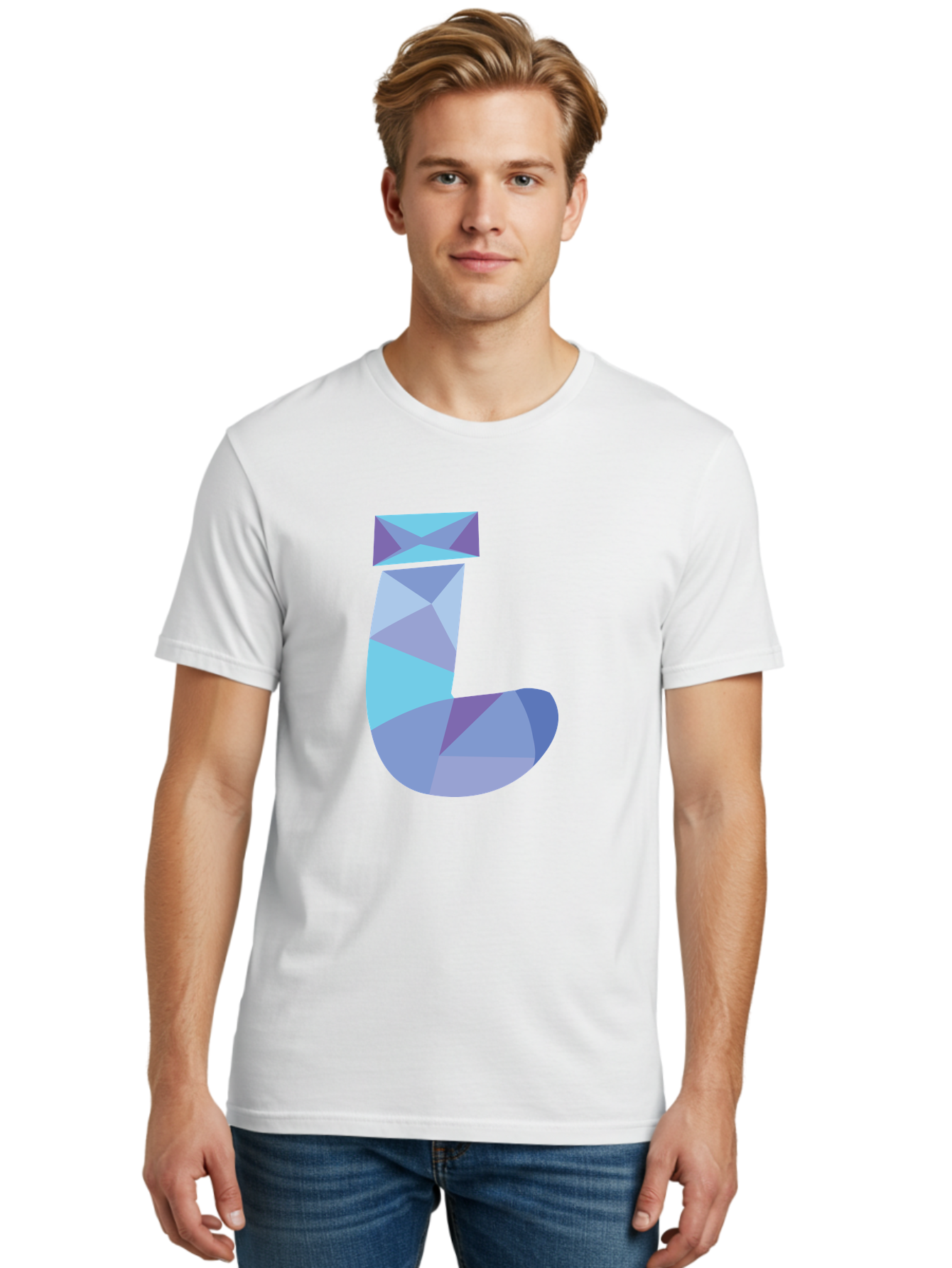 J-2 Men'S Graphic Tee, 100% Cotton, Comfortable Casual Summer Wear, Machine Washable, Geometric Letter J, Abstract Art, Low Poly Design, Blue And Purple Hues, Modern Typography, Stylized Alphabet, Digital Graphic Aac905