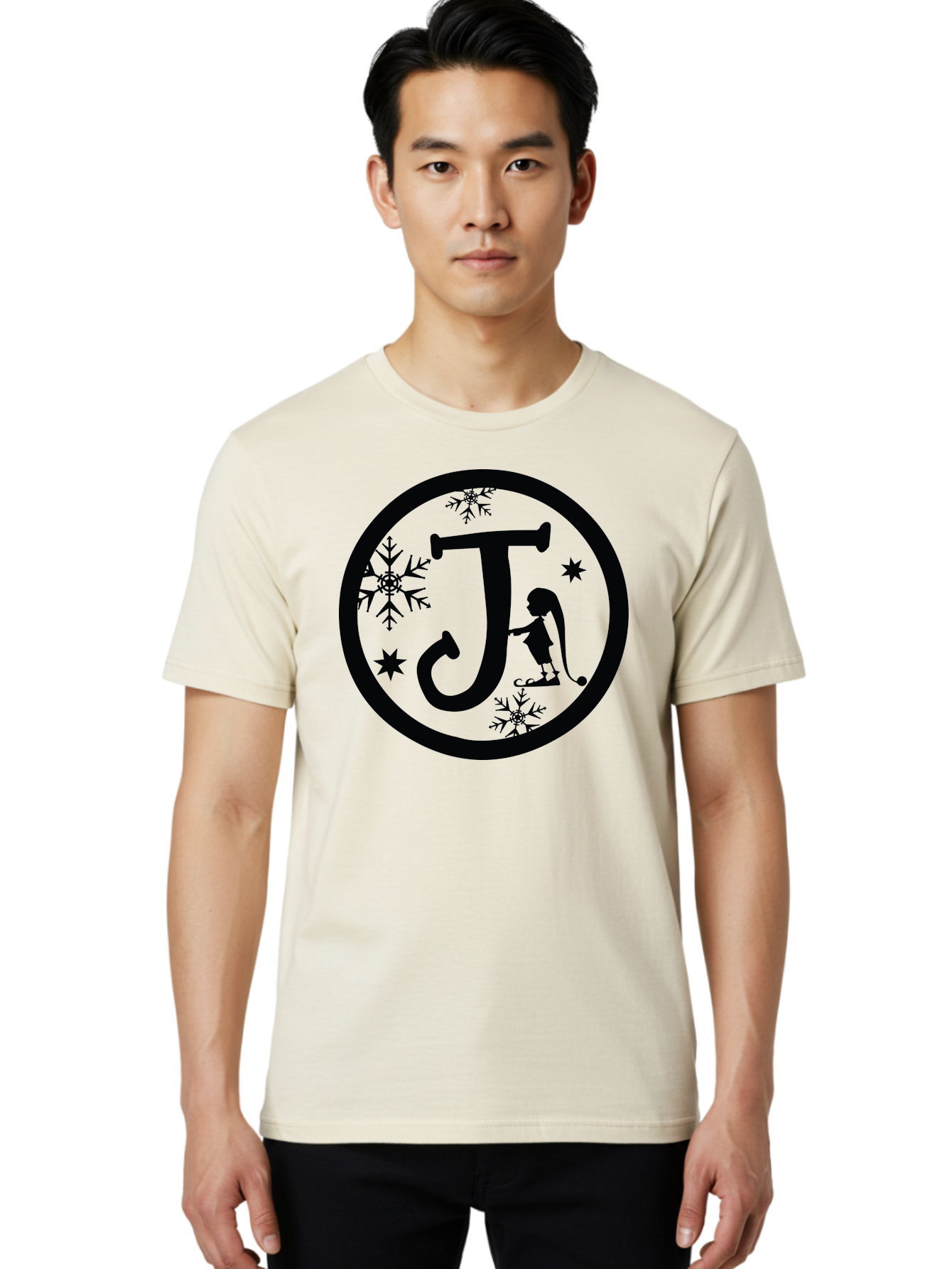J Men'S Graphic Tee, 100% Cotton, Comfortable Casual Summer Wear, Machine Washable, Girl Playing Hockey, Winter Sports, Ice Hockey, Silhouette Design, Snowflakes, Stars, Letter J, Frosty Atmosphere, Womens Hockey, Youth Hockey Aac906