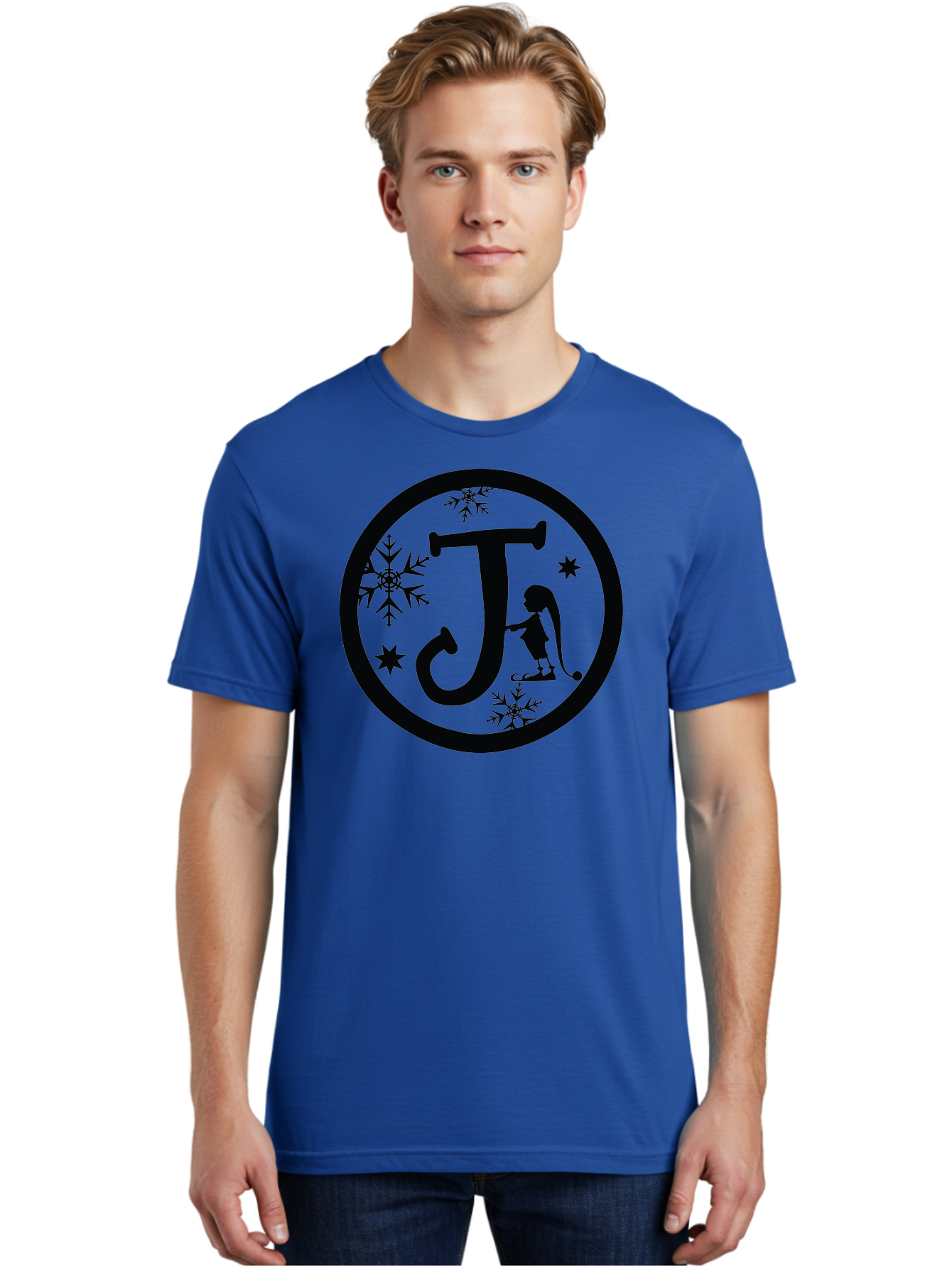 J Men'S Graphic Tee, 100% Cotton, Comfortable Casual Summer Wear, Machine Washable, Girl Playing Hockey, Winter Sports, Ice Hockey, Silhouette Design, Snowflakes, Stars, Letter J, Frosty Atmosphere, Womens Hockey, Youth Hockey Aac906