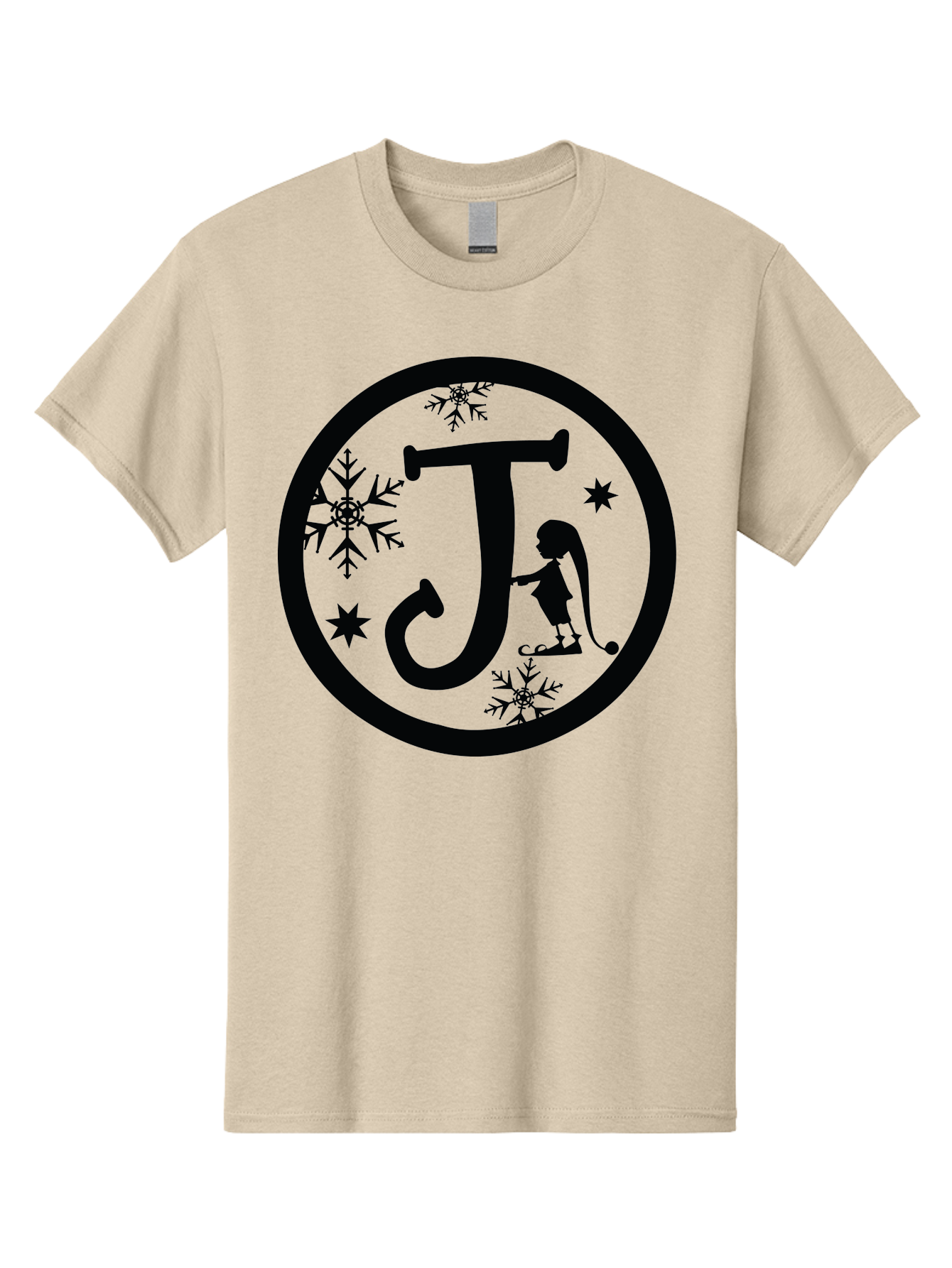 J Men'S Graphic Tee, 100% Cotton, Comfortable Casual Summer Wear, Machine Washable, Girl Playing Hockey, Winter Sports, Ice Hockey, Silhouette Design, Snowflakes, Stars, Letter J, Frosty Atmosphere, Womens Hockey, Youth Hockey Aac906