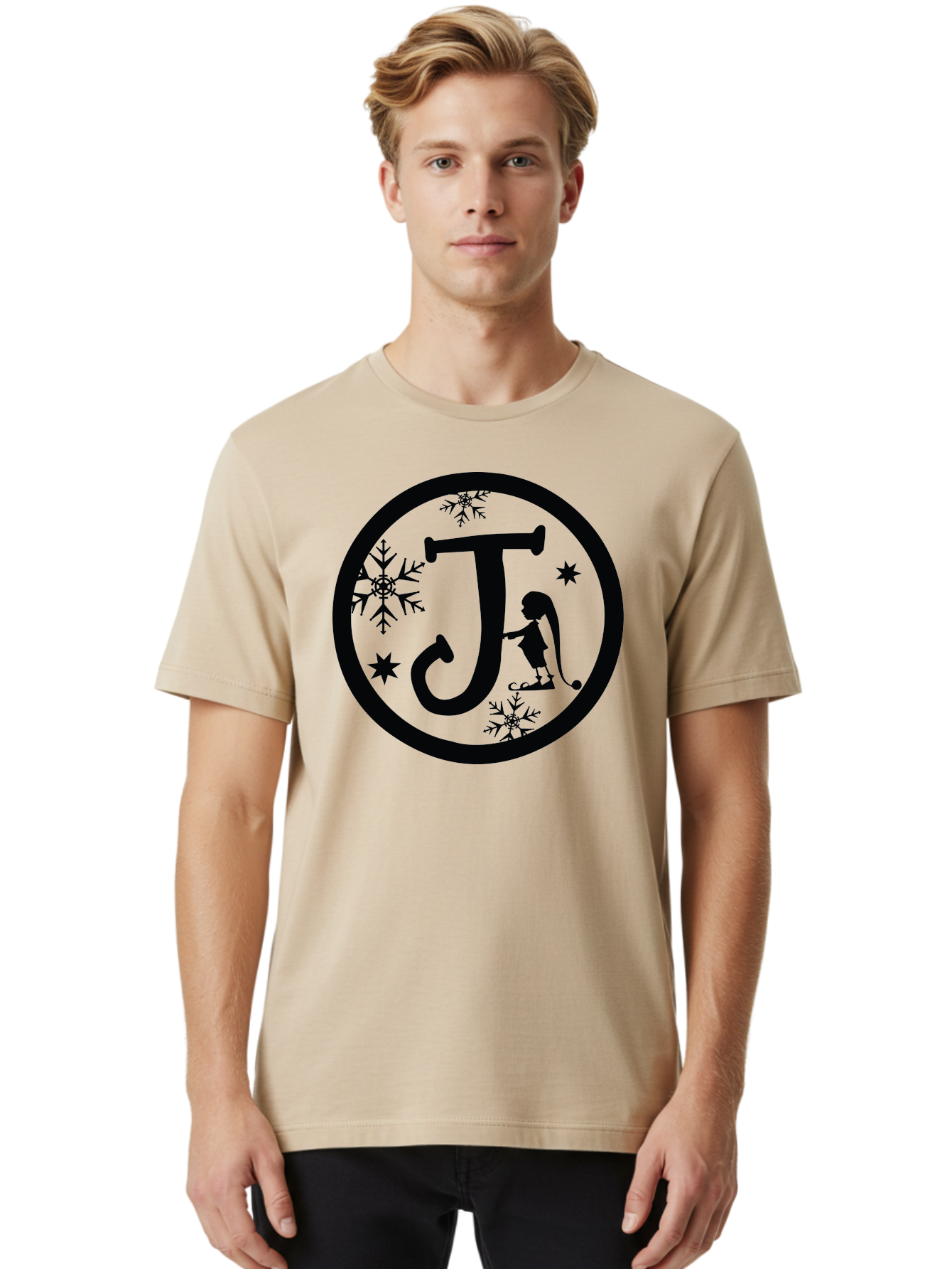 J Men'S Graphic Tee, 100% Cotton, Comfortable Casual Summer Wear, Machine Washable, Girl Playing Hockey, Winter Sports, Ice Hockey, Silhouette Design, Snowflakes, Stars, Letter J, Frosty Atmosphere, Womens Hockey, Youth Hockey Aac906