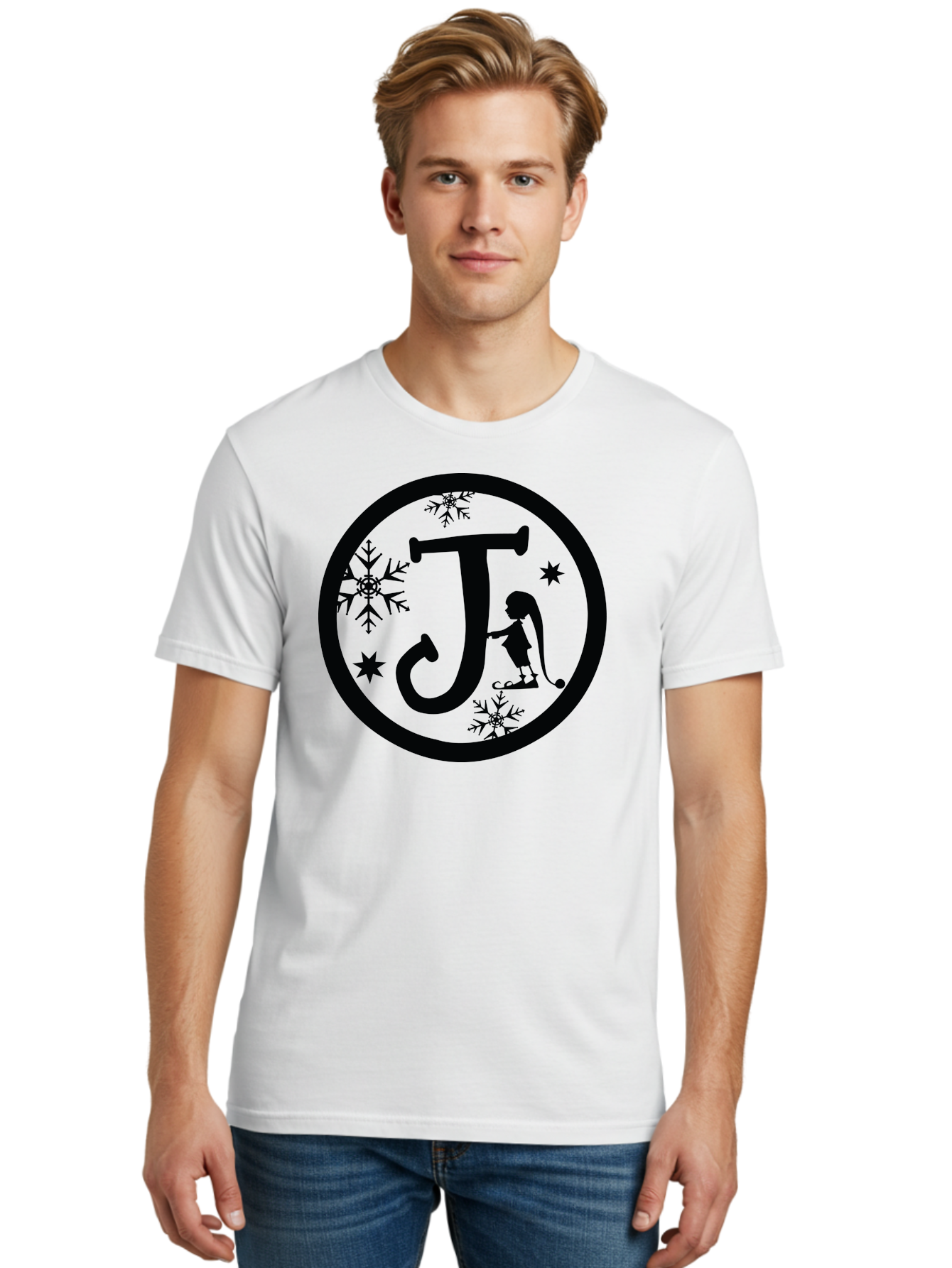 J Men'S Graphic Tee, 100% Cotton, Comfortable Casual Summer Wear, Machine Washable, Girl Playing Hockey, Winter Sports, Ice Hockey, Silhouette Design, Snowflakes, Stars, Letter J, Frosty Atmosphere, Womens Hockey, Youth Hockey Aac906