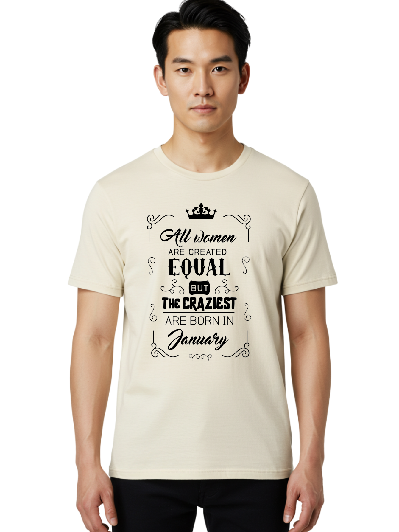 January-Women-Quote Men'S Graphic Tee, 100% Cotton, Comfortable Casual Summer Wear, Machine Washable, Women Empowerment, January Born, Quirky Humor, Inspirational Quote, Crown Symbol, Elegant Typography, Feminine Strength Aac907
