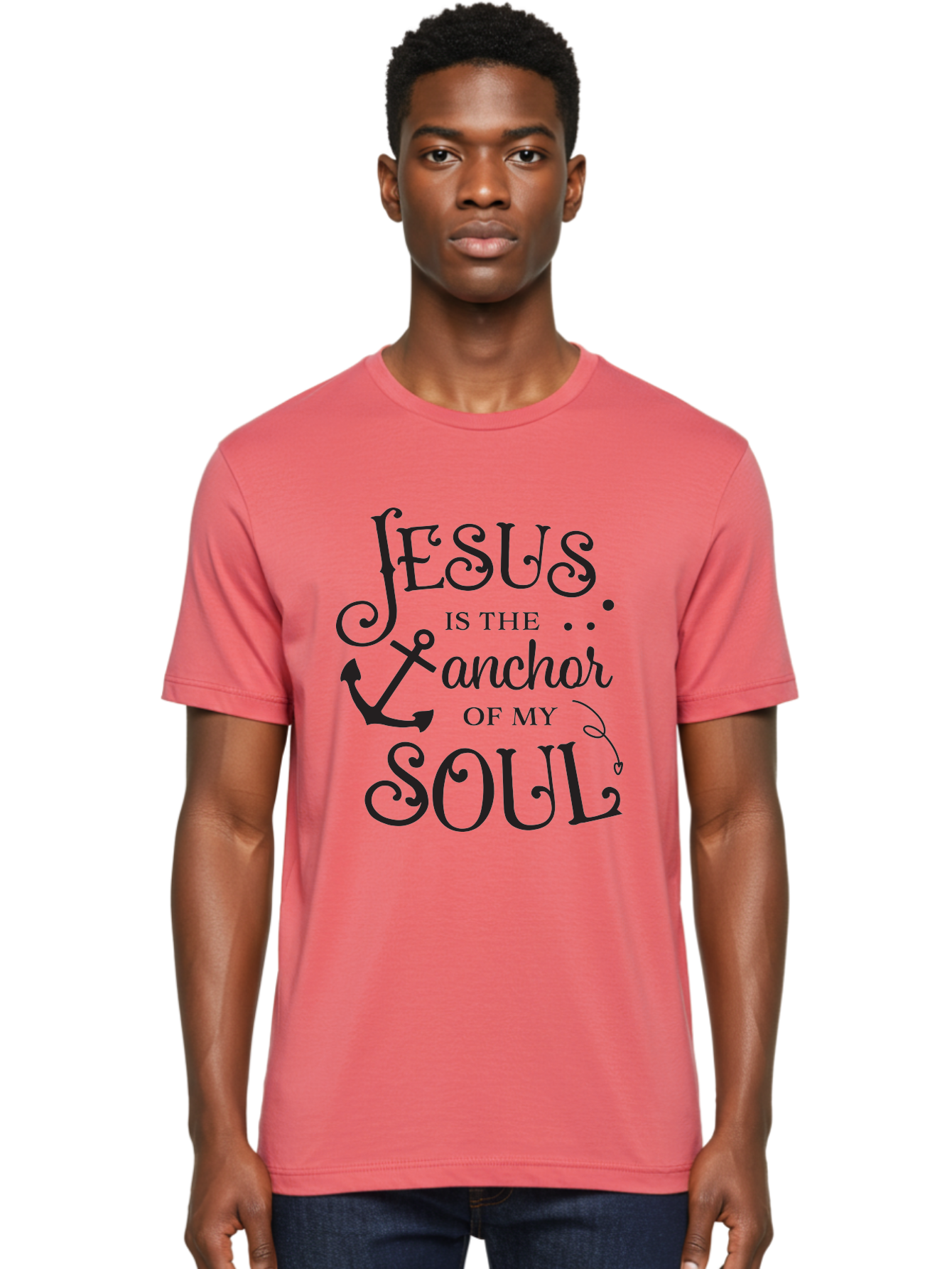 Jesus-Is-The-Anchor-Of-My-Soul Men'S Graphic Tee, 100% Cotton, Comfortable Casual Summer Wear, Machine Washable, Faith-Based Quote, Inspirational Message, Jesus Anchor, Soul Anchor, Christian Symbolism, Biblical Reference, Motivational Phrase, Aac909