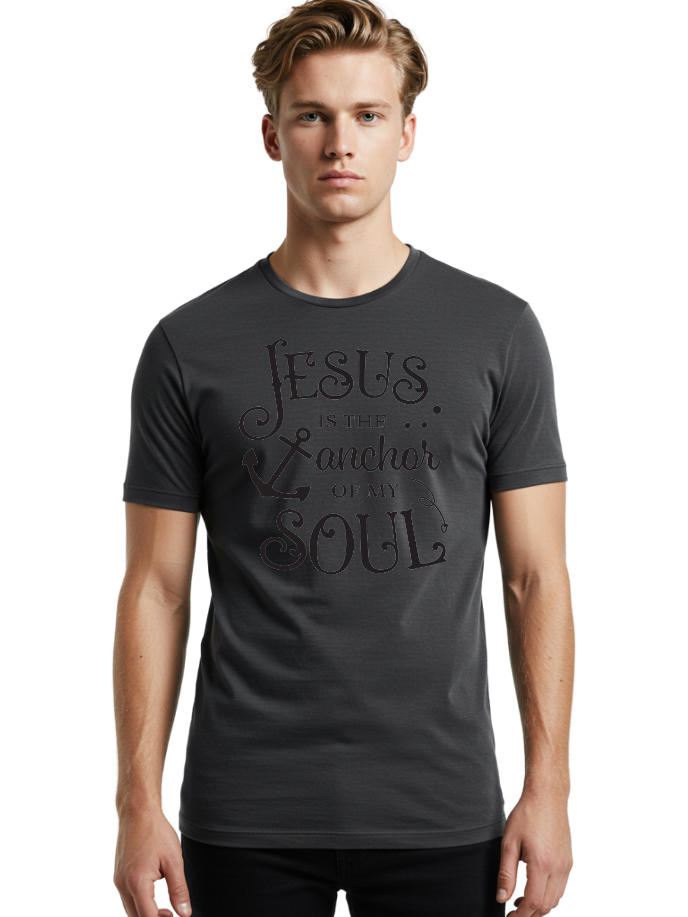 Jesus-Is-The-Anchor-Of-My-Soul Men'S Graphic Tee, 100% Cotton, Comfortable Casual Summer Wear, Machine Washable, Faith-Based Quote, Inspirational Message, Jesus Anchor, Soul Anchor, Christian Symbolism, Biblical Reference, Motivational Phrase, Aac909
