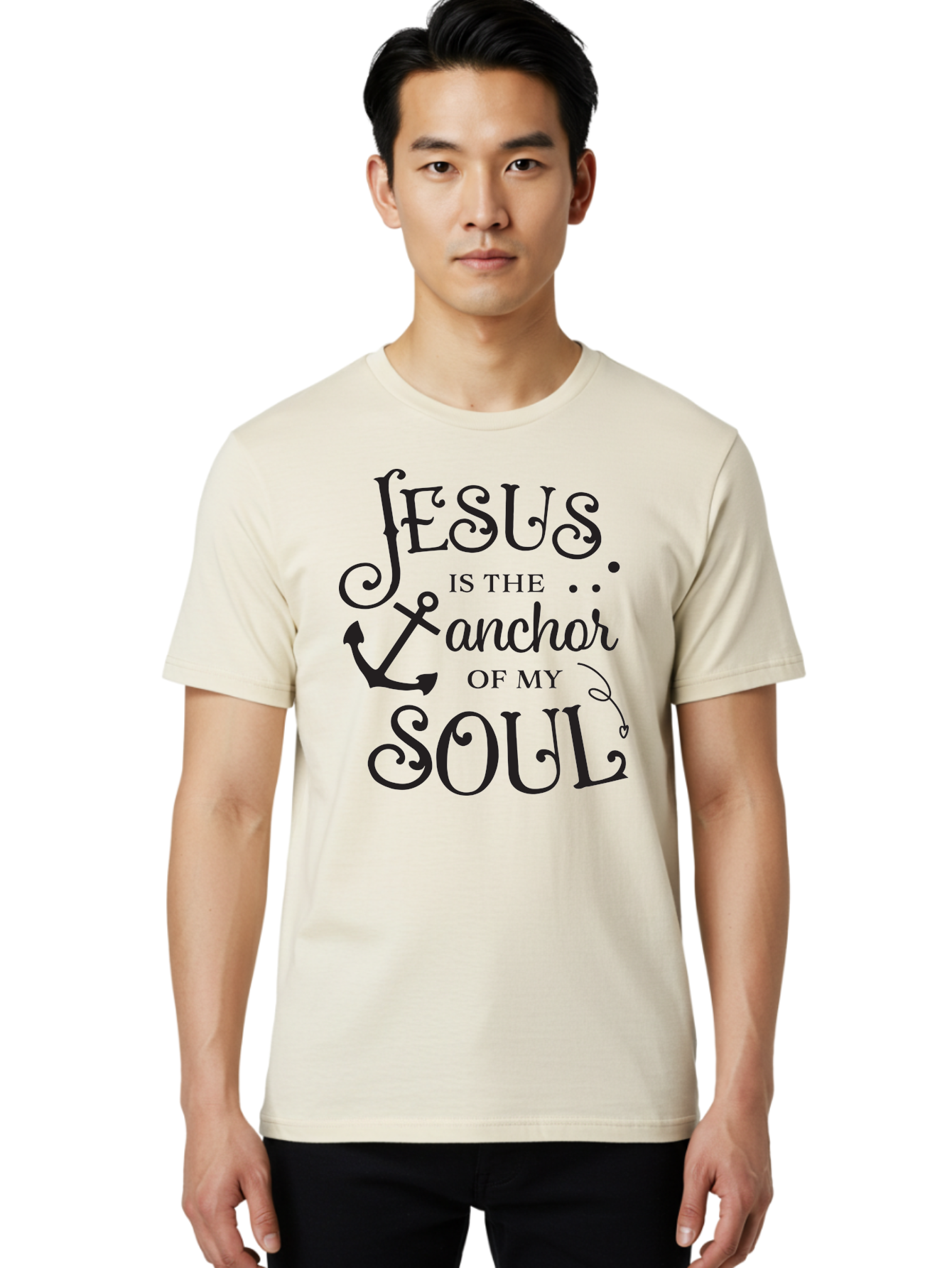Jesus-Is-The-Anchor-Of-My-Soul Men'S Graphic Tee, 100% Cotton, Comfortable Casual Summer Wear, Machine Washable, Faith-Based Quote, Inspirational Message, Jesus Anchor, Soul Anchor, Christian Symbolism, Biblical Reference, Motivational Phrase, Aac909