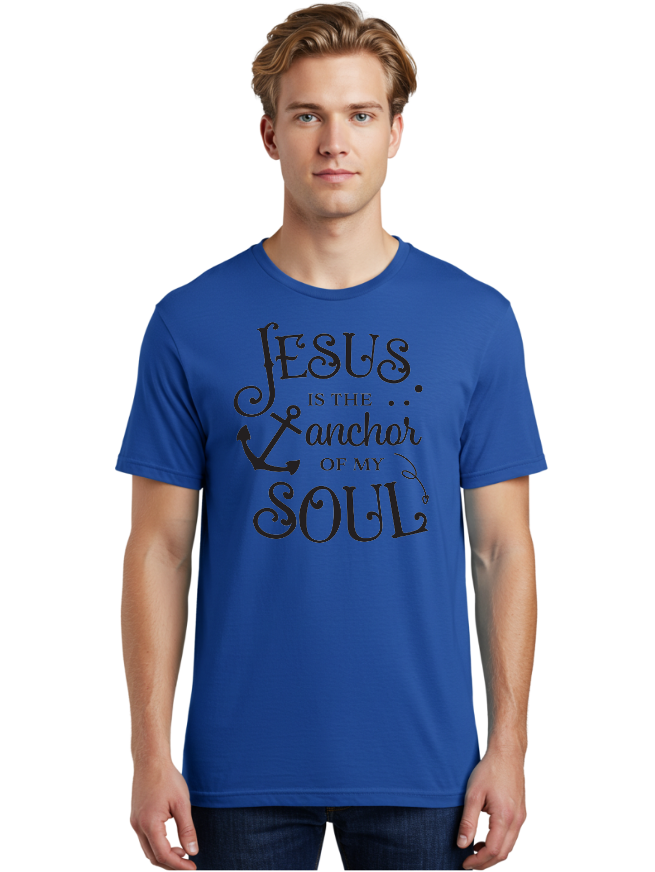 Jesus-Is-The-Anchor-Of-My-Soul Men'S Graphic Tee, 100% Cotton, Comfortable Casual Summer Wear, Machine Washable, Faith-Based Quote, Inspirational Message, Jesus Anchor, Soul Anchor, Christian Symbolism, Biblical Reference, Motivational Phrase, Aac909
