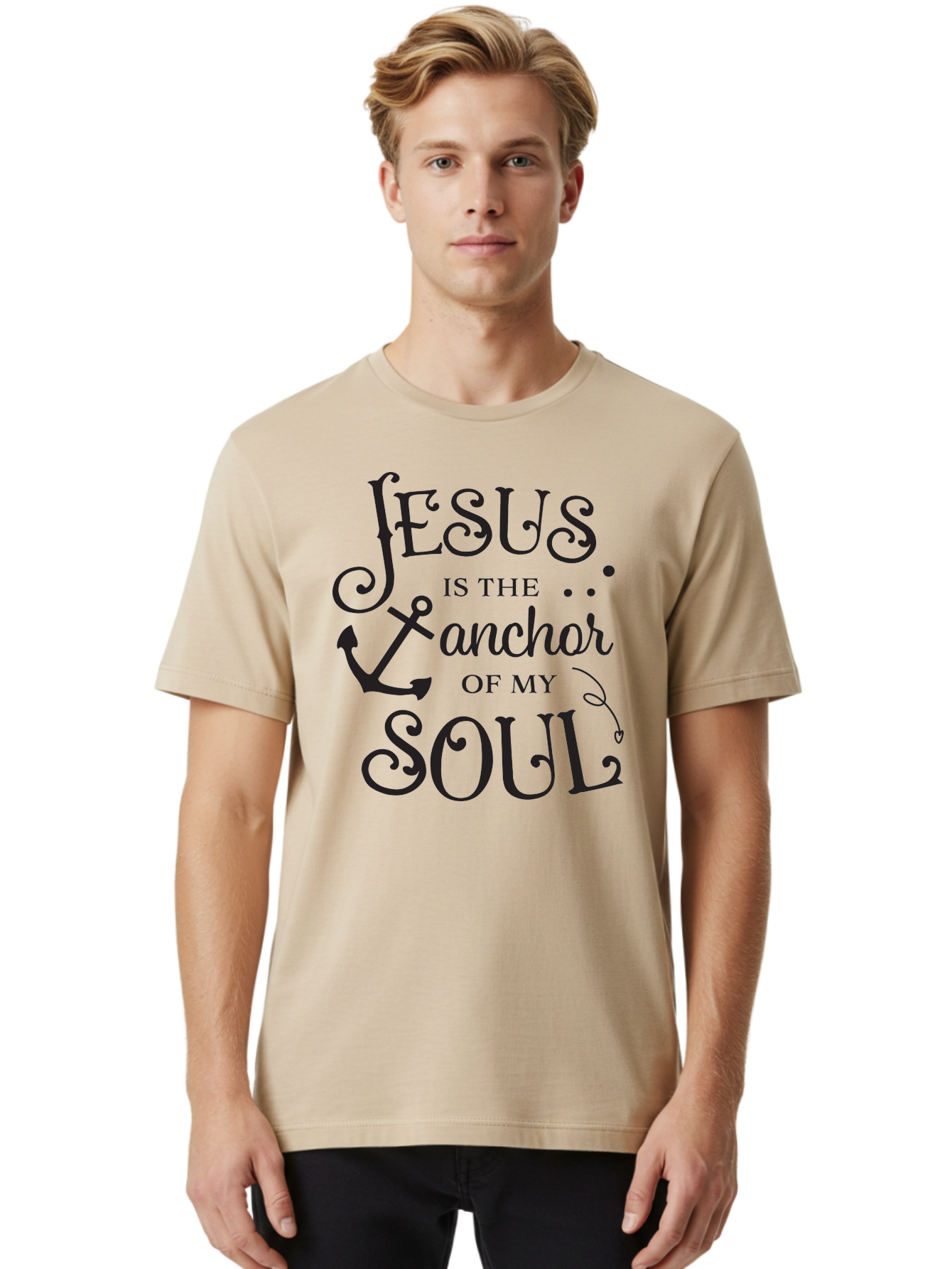 Jesus-Is-The-Anchor-Of-My-Soul Men'S Graphic Tee, 100% Cotton, Comfortable Casual Summer Wear, Machine Washable, Faith-Based Quote, Inspirational Message, Jesus Anchor, Soul Anchor, Christian Symbolism, Biblical Reference, Motivational Phrase, Aac909