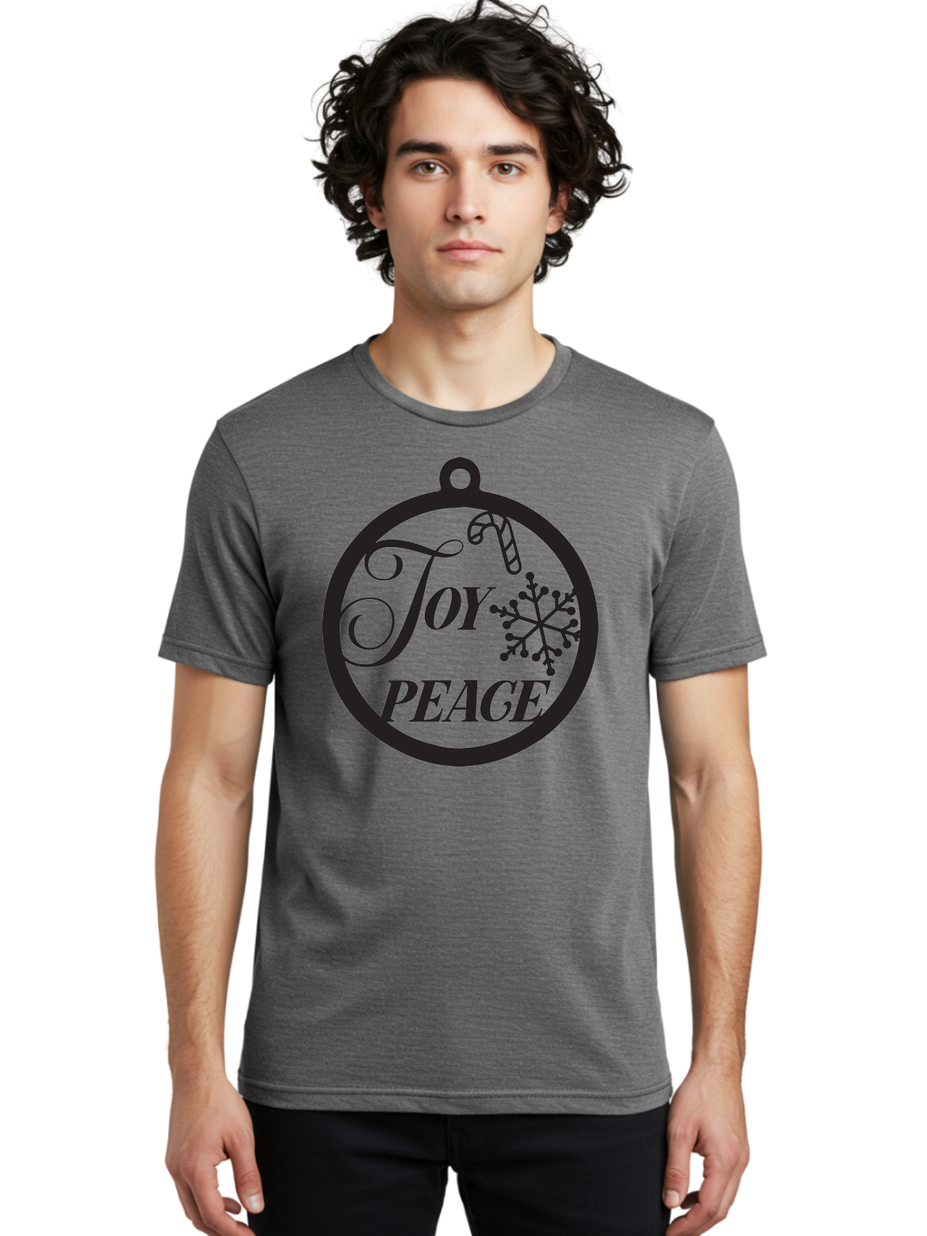 Joy-Peace Men'S Graphic Tee, 100% Cotton, Comfortable Casual Summer Wear, Machine Washable, Christmas Ornament, Festive Decor, Holiday Cheer, Joyful Atmosphere, Peace On Earth, Snowflake Design, Candy Cane Motif, Winter Wonderland, Aac911