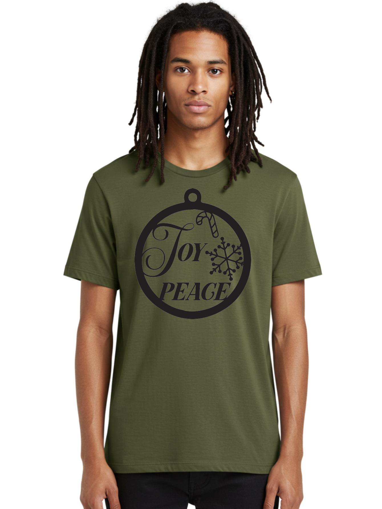 Joy-Peace Men'S Graphic Tee, 100% Cotton, Comfortable Casual Summer Wear, Machine Washable, Christmas Ornament, Festive Decor, Holiday Cheer, Joyful Atmosphere, Peace On Earth, Snowflake Design, Candy Cane Motif, Winter Wonderland, Aac911