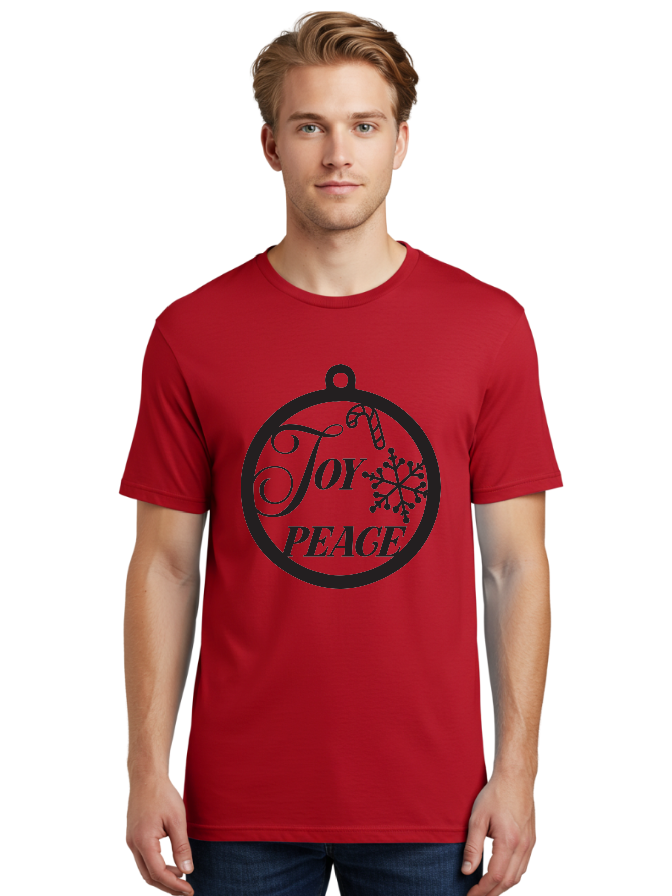 Joy-Peace Men'S Graphic Tee, 100% Cotton, Comfortable Casual Summer Wear, Machine Washable, Christmas Ornament, Festive Decor, Holiday Cheer, Joyful Atmosphere, Peace On Earth, Snowflake Design, Candy Cane Motif, Winter Wonderland, Aac911
