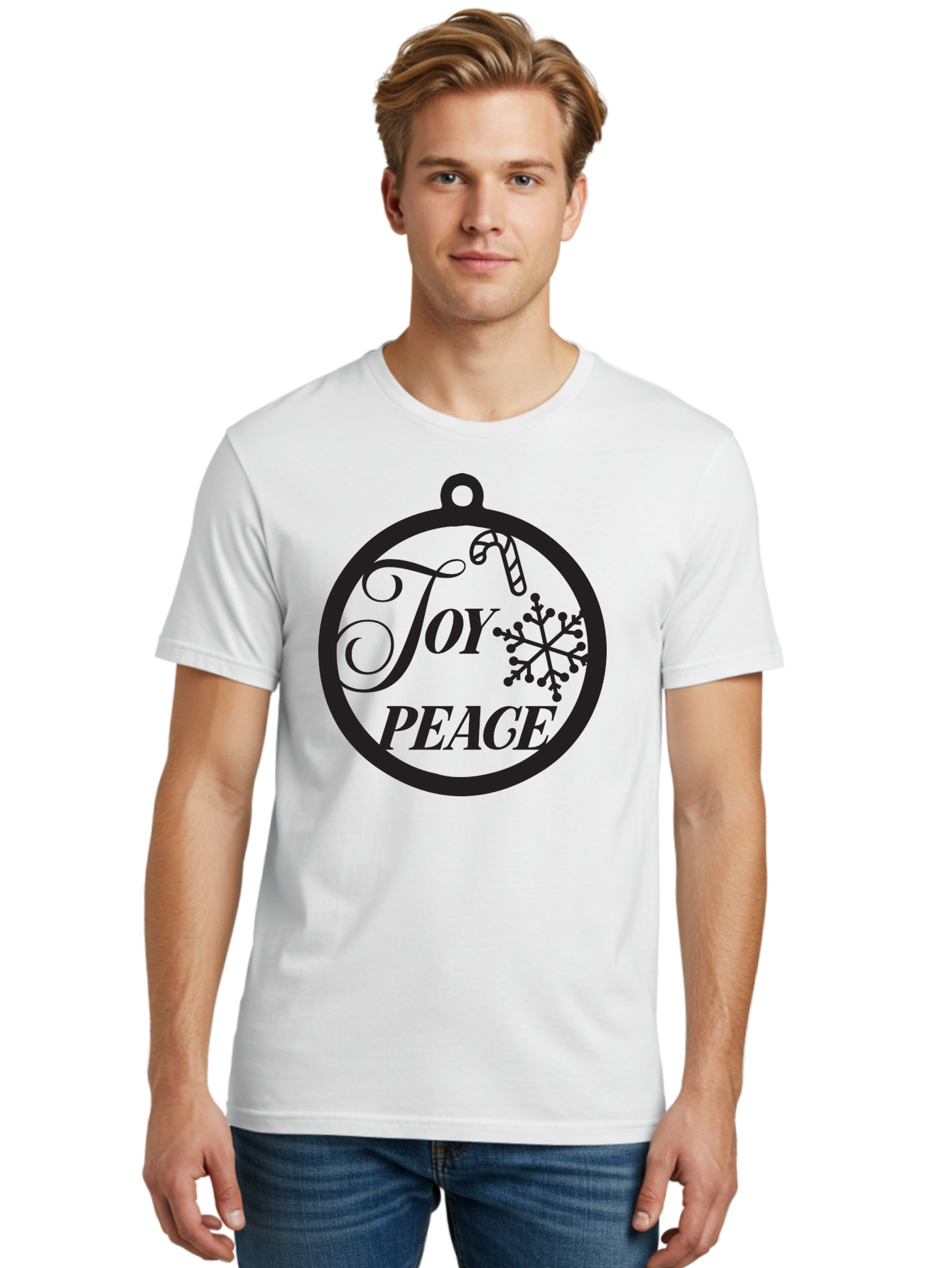 Joy-Peace Men'S Graphic Tee, 100% Cotton, Comfortable Casual Summer Wear, Machine Washable, Christmas Ornament, Festive Decor, Holiday Cheer, Joyful Atmosphere, Peace On Earth, Snowflake Design, Candy Cane Motif, Winter Wonderland, Aac911