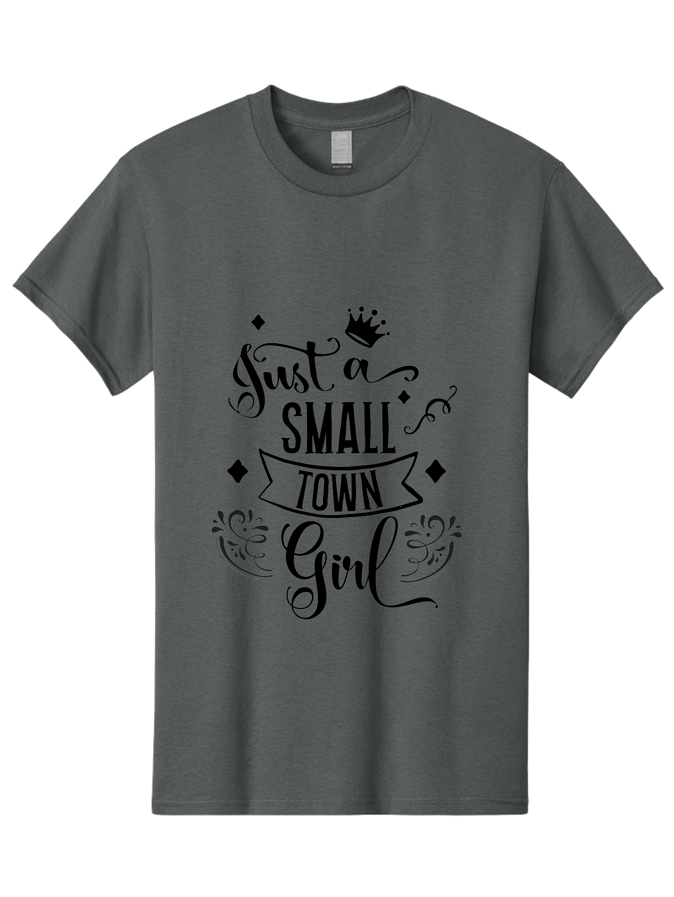Just-A-Small-Town-Girl Men'S Graphic Tee, 100% Cotton, Comfortable Casual Summer Wear, Machine Washable, Small Town Girl, Typography Design, Elegant Font, Crown Symbol, Ornate Details, Black Text, Feminine Style, Decorative Elements, Aac913