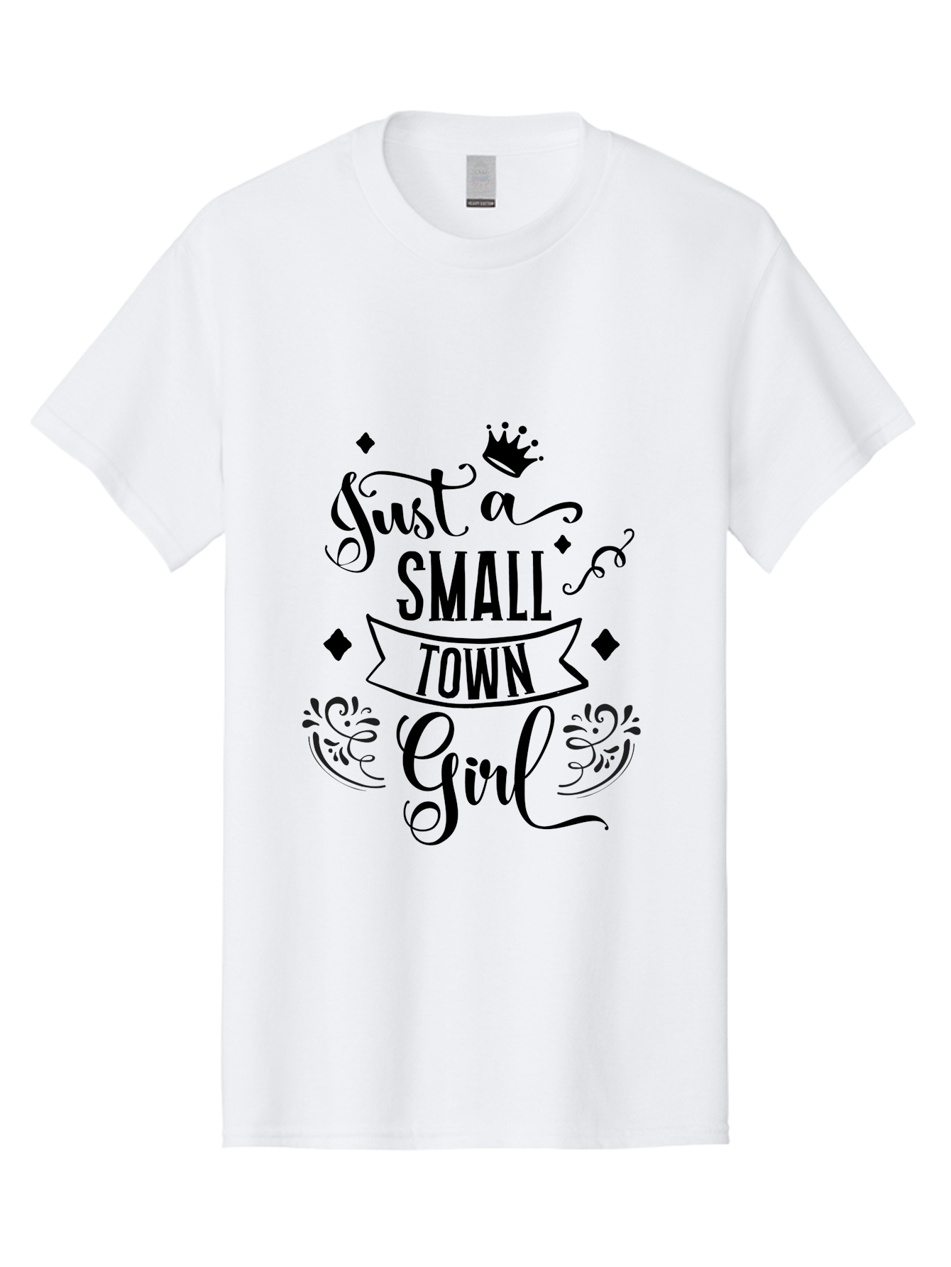 Just-A-Small-Town-Girl Men'S Graphic Tee, 100% Cotton, Comfortable Casual Summer Wear, Machine Washable, Small Town Girl, Typography Design, Elegant Font, Crown Symbol, Ornate Details, Black Text, Feminine Style, Decorative Elements, Aac913