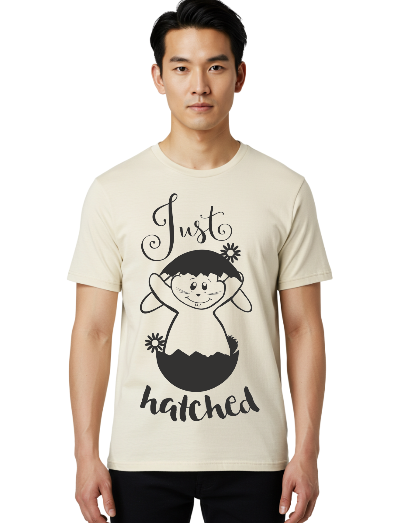 Just-Hatched Men'S Graphic Tee, 100% Cotton, Comfortable Casual Summer Wear, Machine Washable, Cute Cartoon Character, Hatching From Egg, Playful Design, Easter Theme, Funny Illustration, Whimsical Art, Baby Chick, Adorable Graphic Aac915