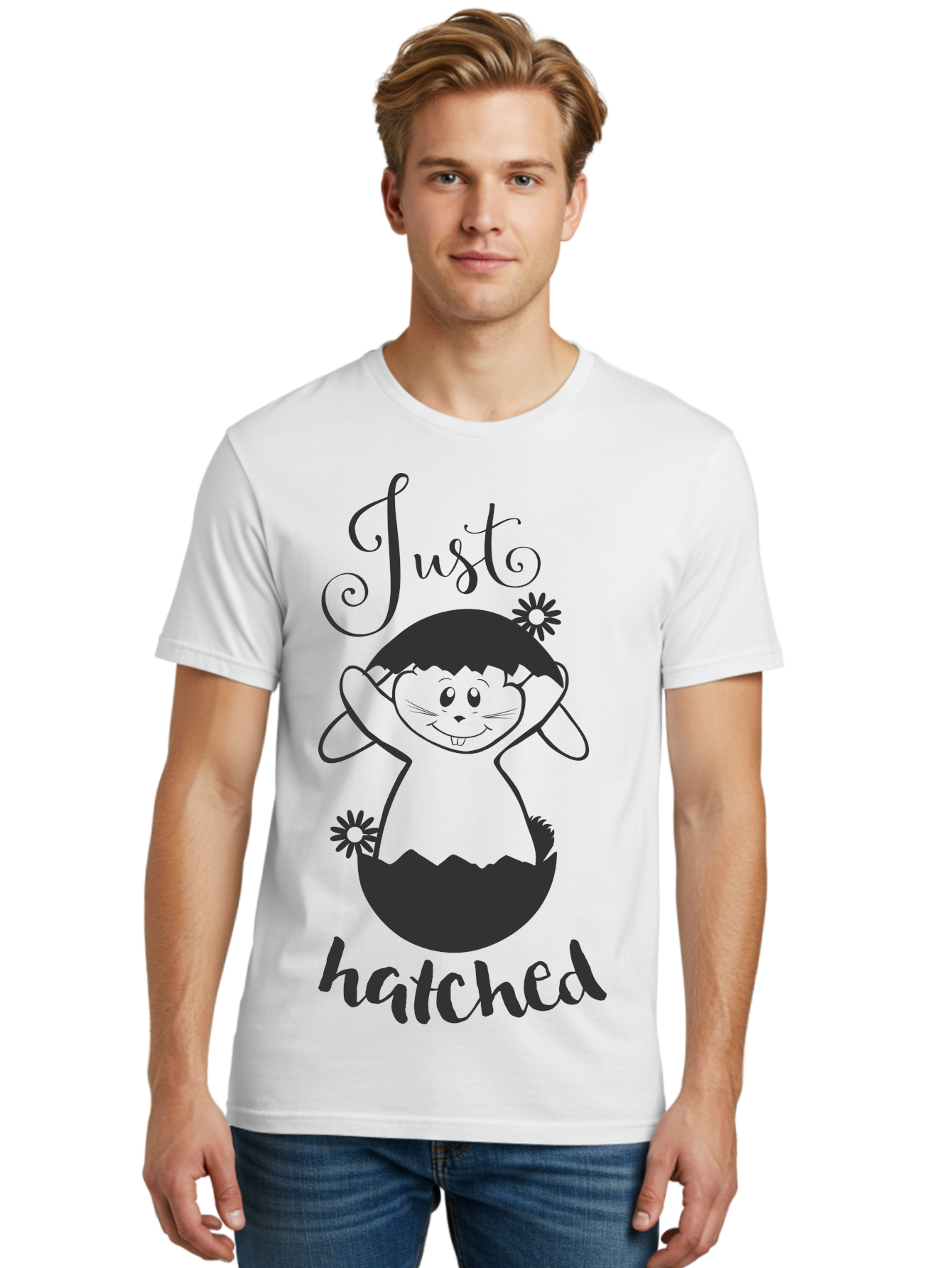 Just-Hatched Men'S Graphic Tee, 100% Cotton, Comfortable Casual Summer Wear, Machine Washable, Cute Cartoon Character, Hatching From Egg, Playful Design, Easter Theme, Funny Illustration, Whimsical Art, Baby Chick, Adorable Graphic Aac915