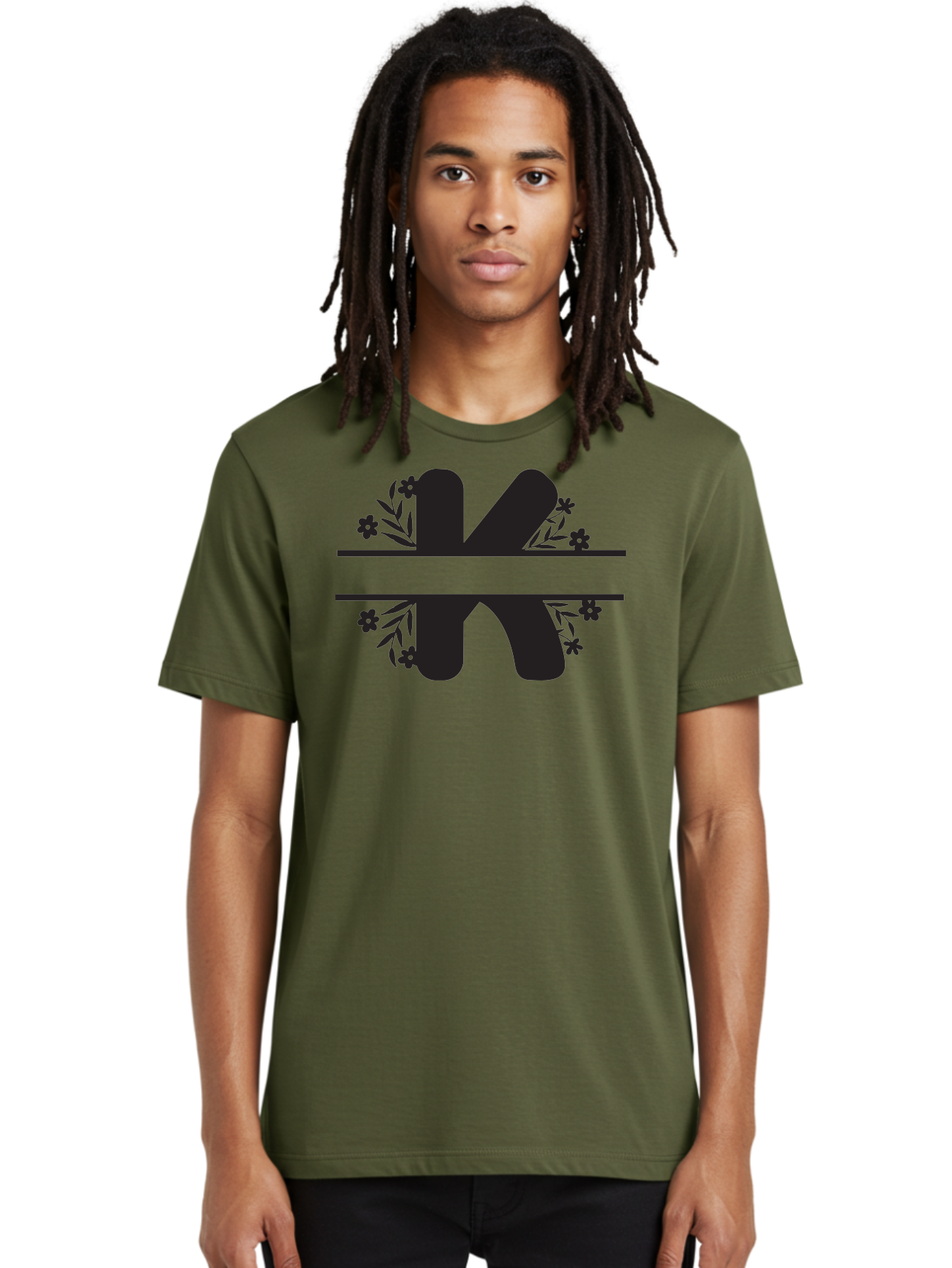 K-1 Men'S Graphic Tee, 100% Cotton, Comfortable Casual Summer Wear, Machine Washable, Stylized Letter K, Floral Design, Black Silhouettes, Flowers And Leaves, Decorative Graphic Aac916
