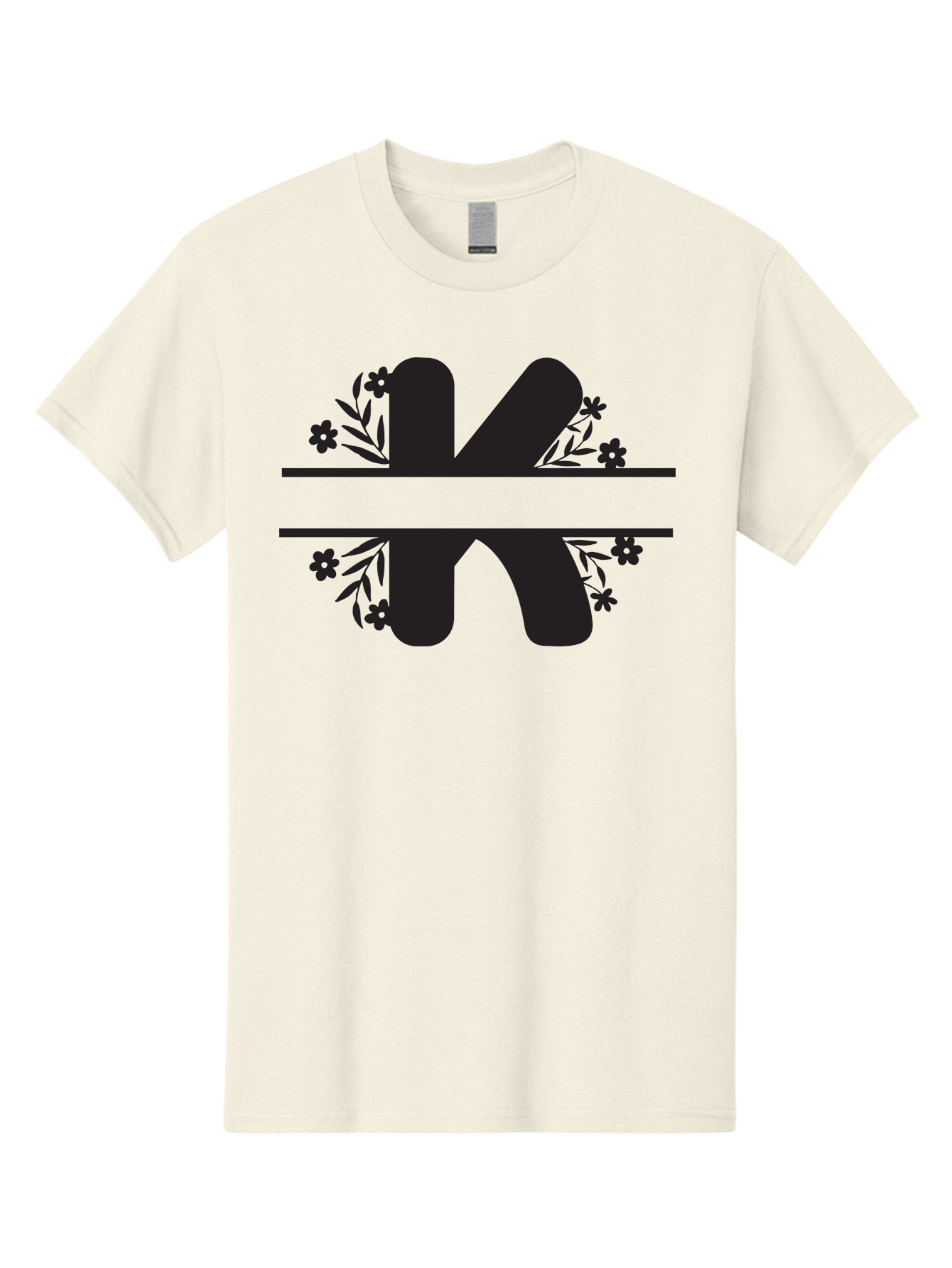 K-1 Men'S Graphic Tee, 100% Cotton, Comfortable Casual Summer Wear, Machine Washable, Stylized Letter K, Floral Design, Black Silhouettes, Flowers And Leaves, Decorative Graphic Aac916