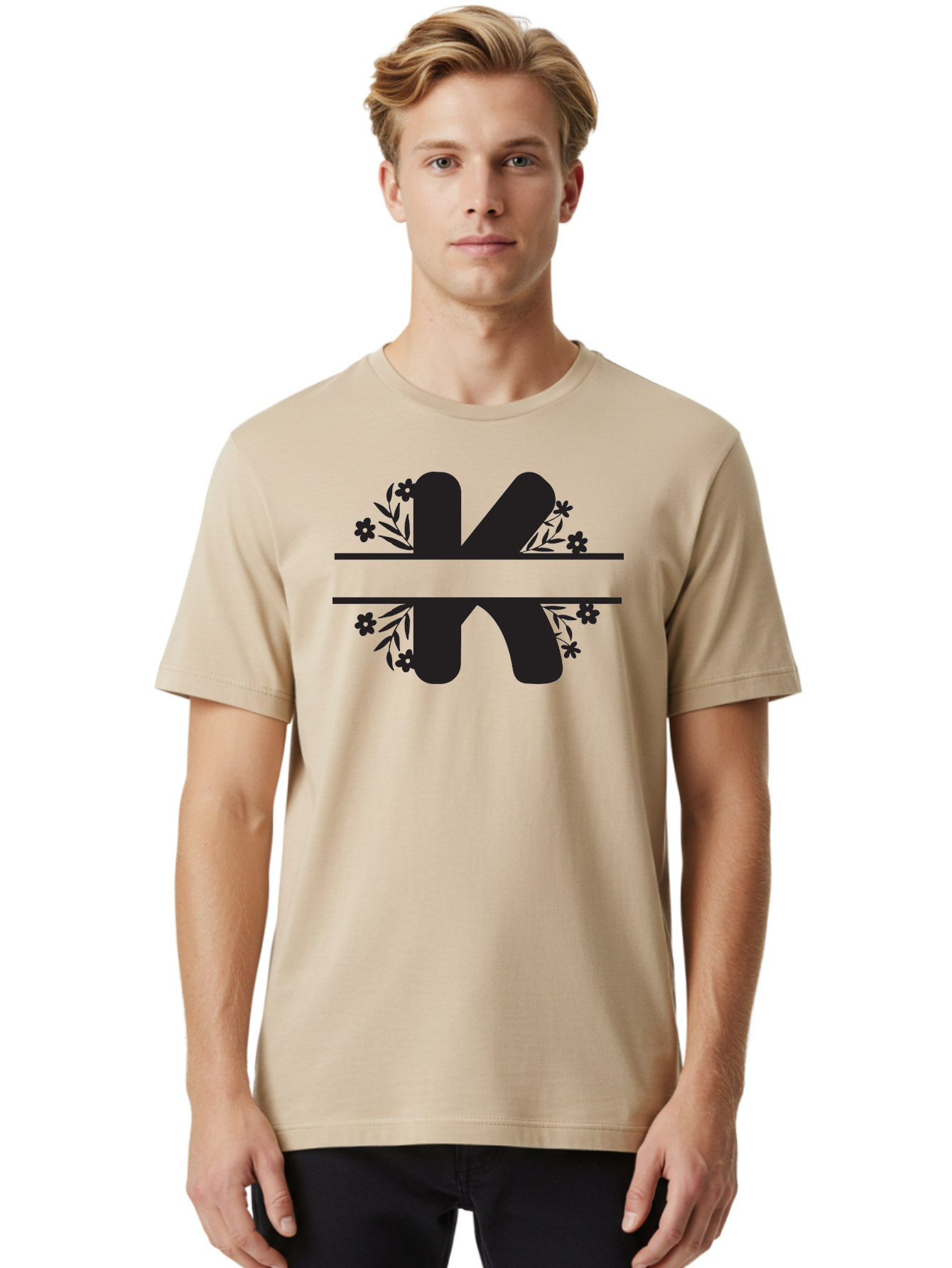 K-1 Men'S Graphic Tee, 100% Cotton, Comfortable Casual Summer Wear, Machine Washable, Stylized Letter K, Floral Design, Black Silhouettes, Flowers And Leaves, Decorative Graphic Aac916