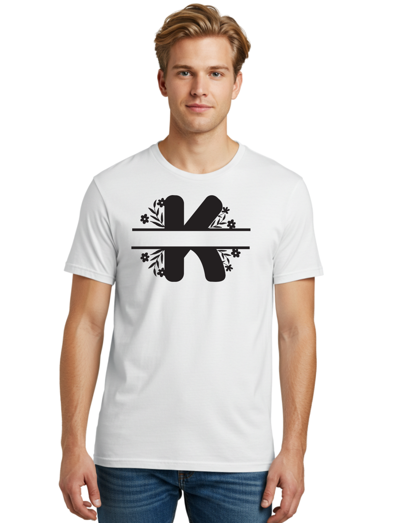 K-1 Men'S Graphic Tee, 100% Cotton, Comfortable Casual Summer Wear, Machine Washable, Stylized Letter K, Floral Design, Black Silhouettes, Flowers And Leaves, Decorative Graphic Aac916