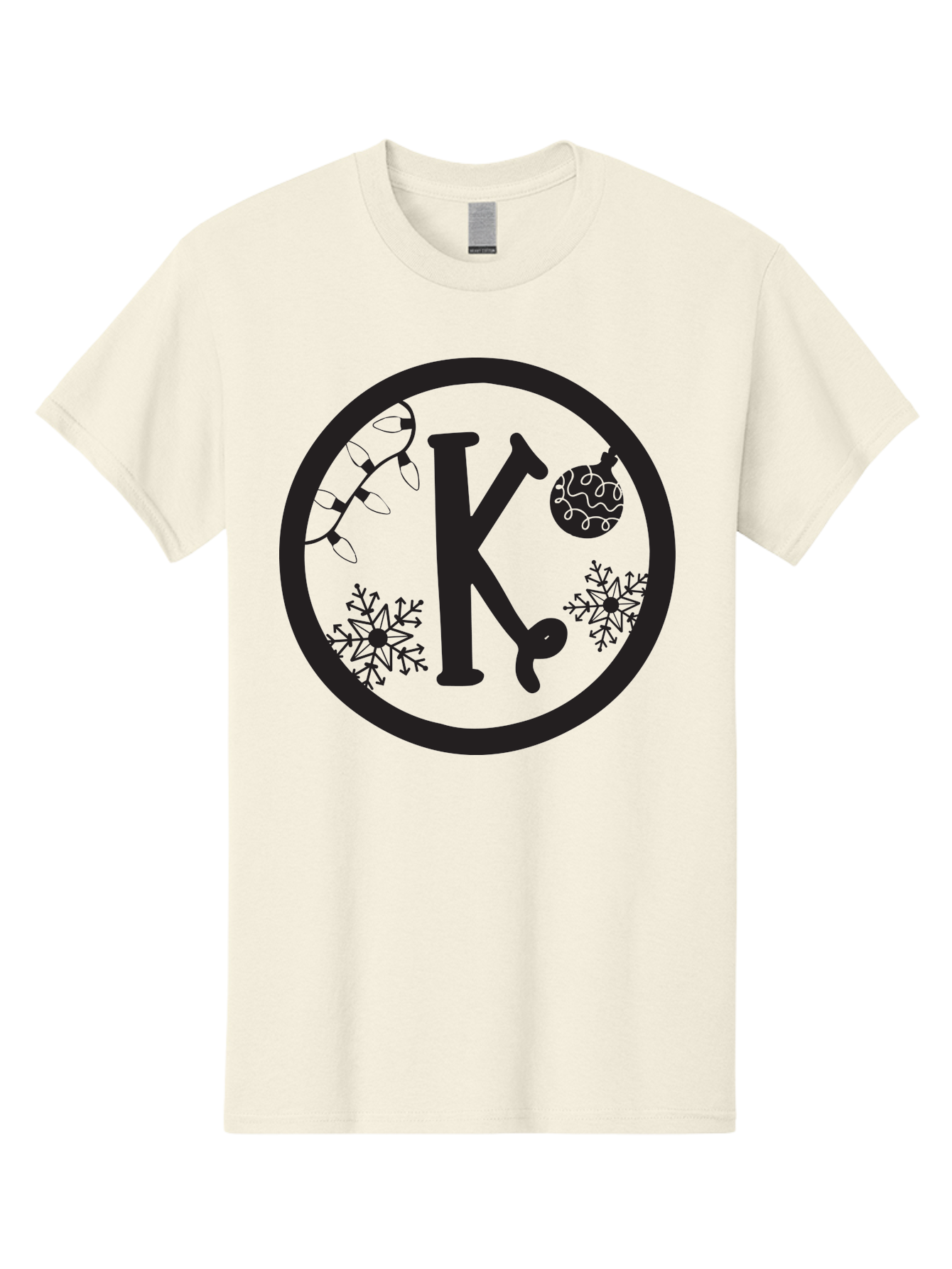 K Men'S Graphic Tee, 100% Cotton, Comfortable Casual Summer Wear, Machine Washable, Christmas Decorations, Festive Designs, Snowflakes, Ornament, K Symbol, String Lights, Holiday Graphics, Winter Wonderland Aac917