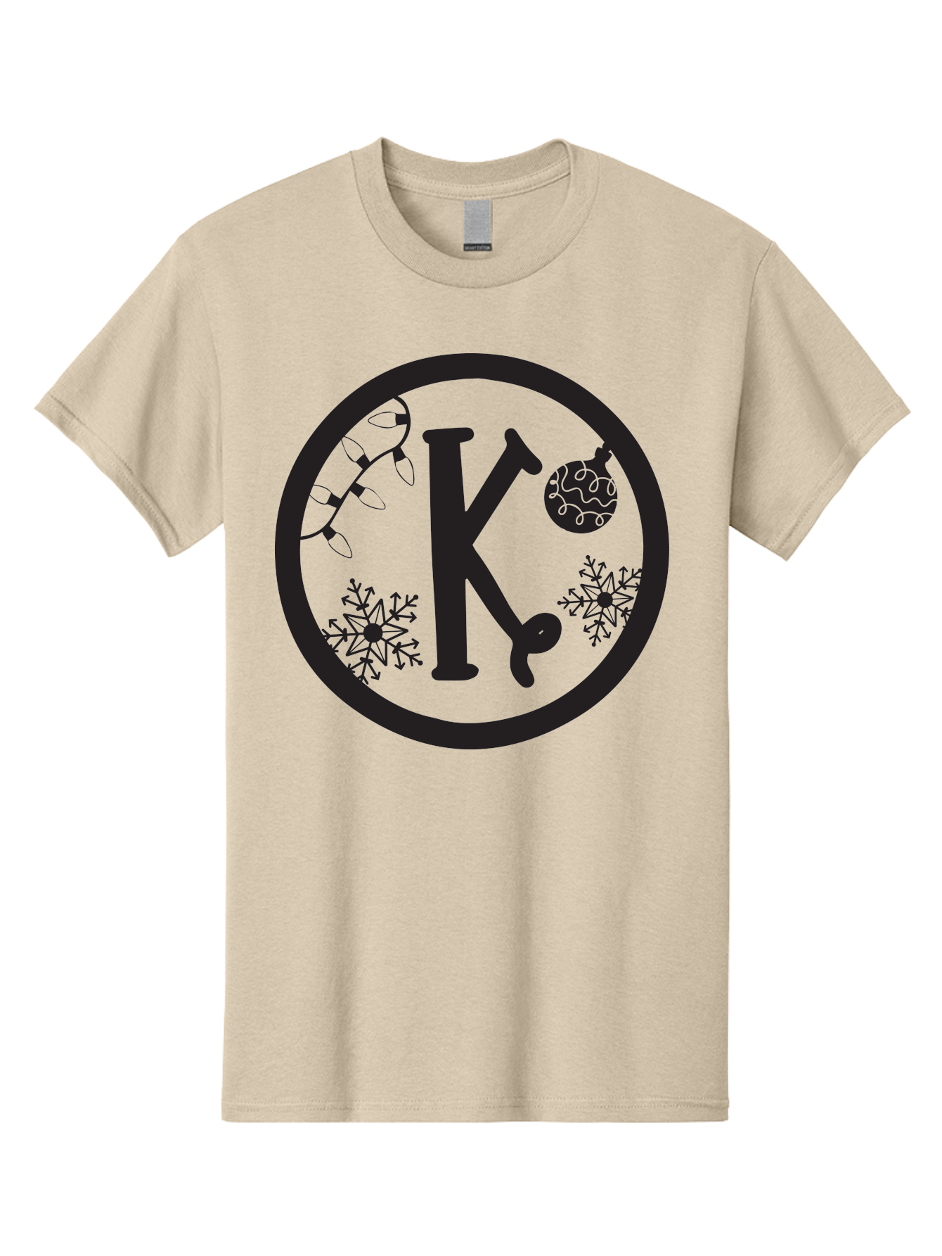 K Men'S Graphic Tee, 100% Cotton, Comfortable Casual Summer Wear, Machine Washable, Christmas Decorations, Festive Designs, Snowflakes, Ornament, K Symbol, String Lights, Holiday Graphics, Winter Wonderland Aac917