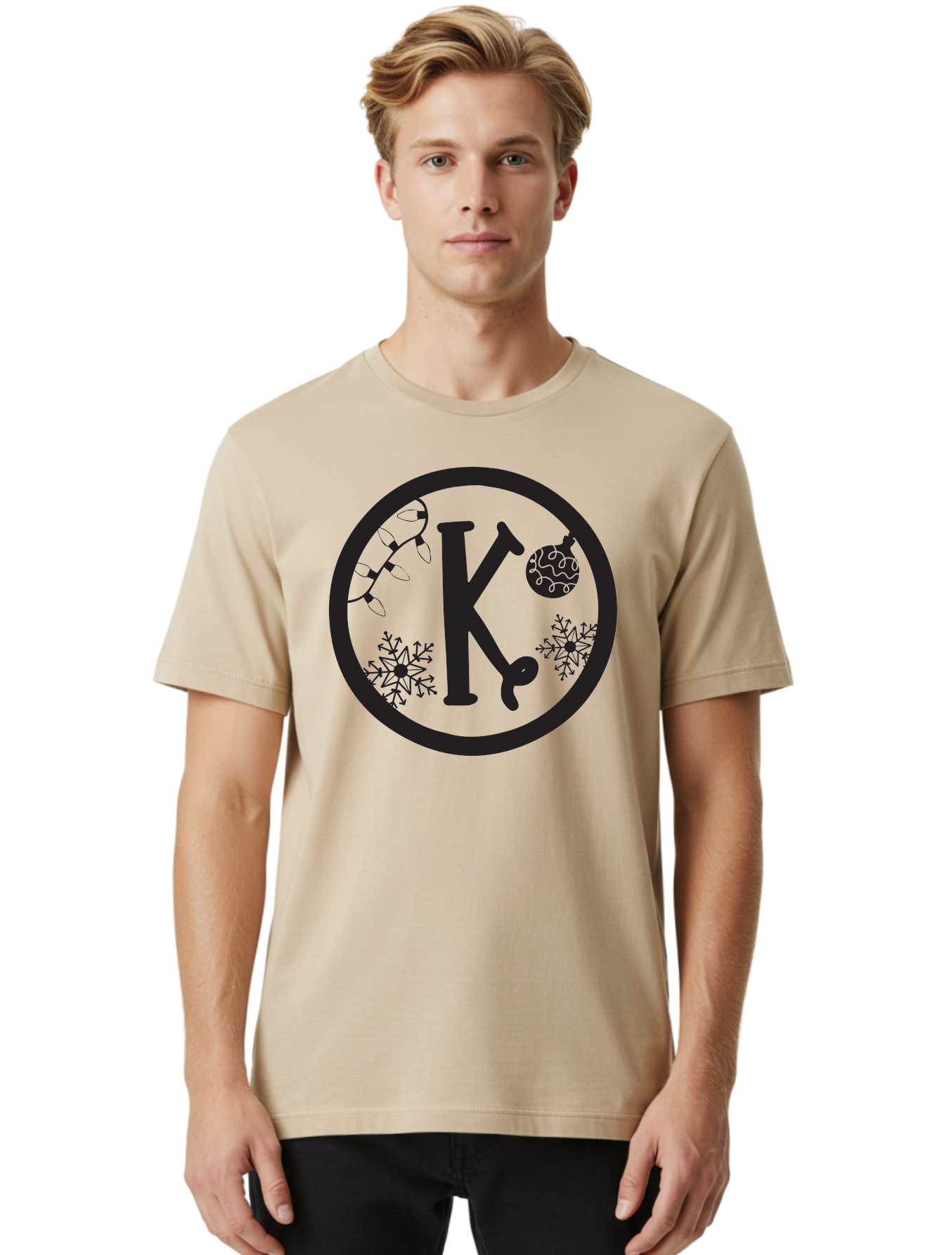 K Men'S Graphic Tee, 100% Cotton, Comfortable Casual Summer Wear, Machine Washable, Christmas Decorations, Festive Designs, Snowflakes, Ornament, K Symbol, String Lights, Holiday Graphics, Winter Wonderland Aac917