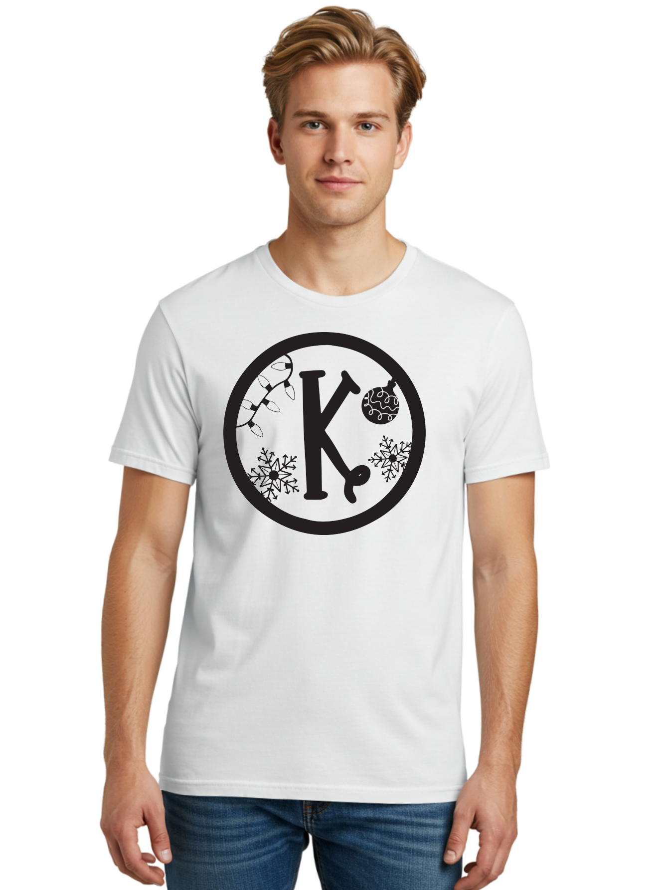 K Men'S Graphic Tee, 100% Cotton, Comfortable Casual Summer Wear, Machine Washable, Christmas Decorations, Festive Designs, Snowflakes, Ornament, K Symbol, String Lights, Holiday Graphics, Winter Wonderland Aac917