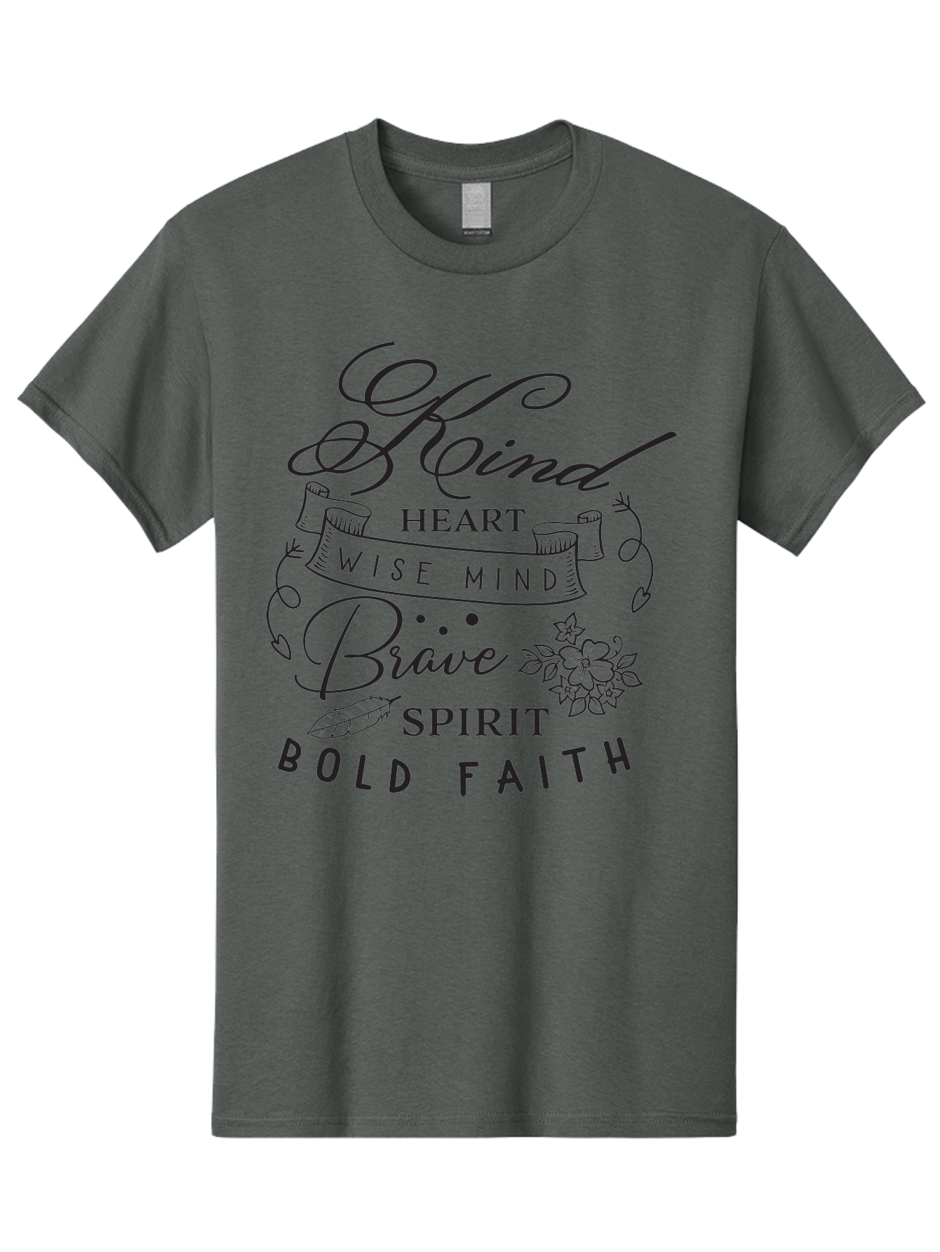 Kind-Heart-Brave-Spirit Men'S Graphic Tee, 100% Cotton, Comfortable Casual Summer Wear, Machine Washable, Inspirational Words, Motivational Quotes, Kind Heart, Wise Mind, Brave Spirit, Bold Faith, Positivity, Empowerment, Floral Elements, Aac918