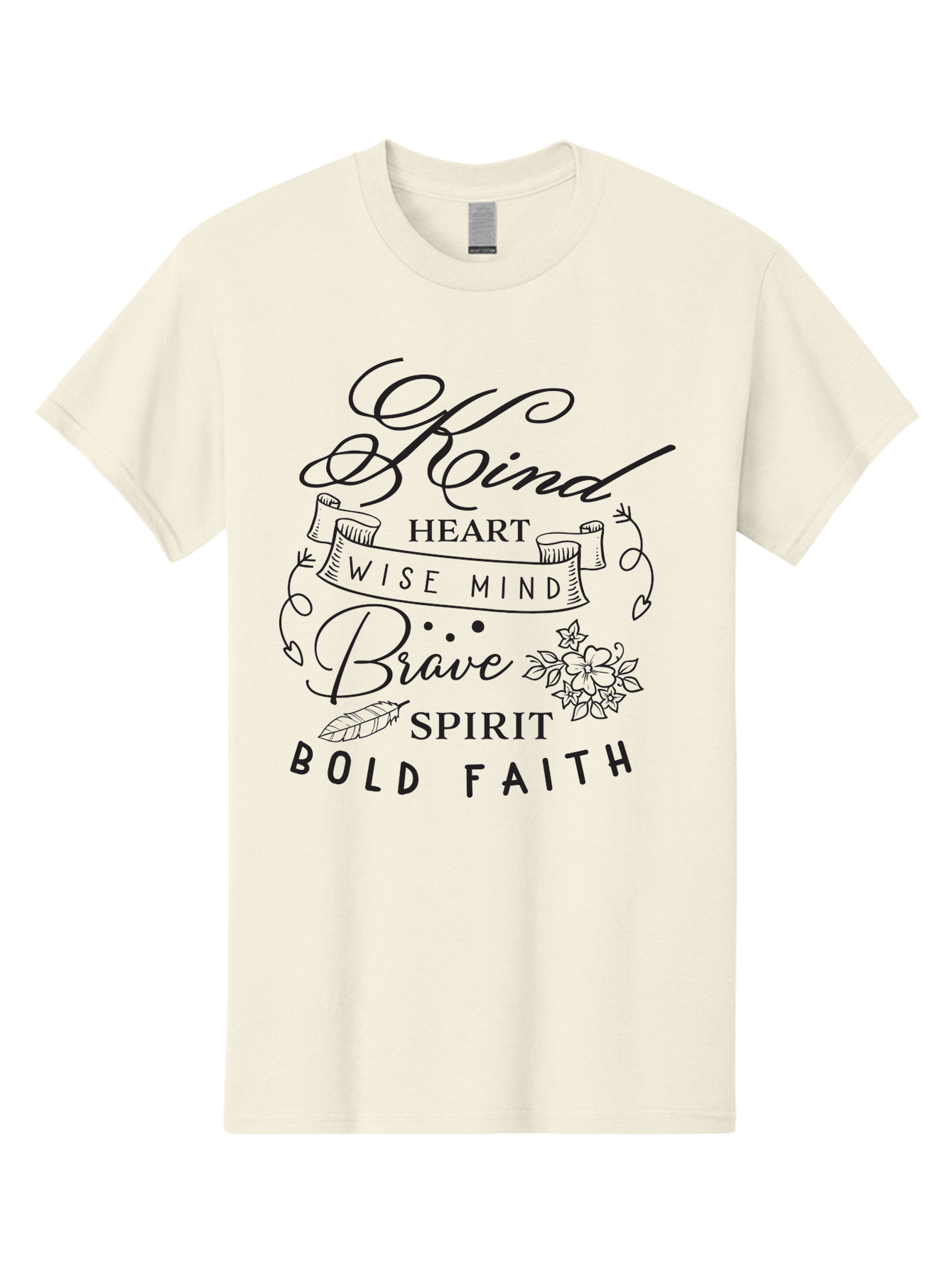 Kind-Heart-Brave-Spirit Men'S Graphic Tee, 100% Cotton, Comfortable Casual Summer Wear, Machine Washable, Inspirational Words, Motivational Quotes, Kind Heart, Wise Mind, Brave Spirit, Bold Faith, Positivity, Empowerment, Floral Elements, Aac918