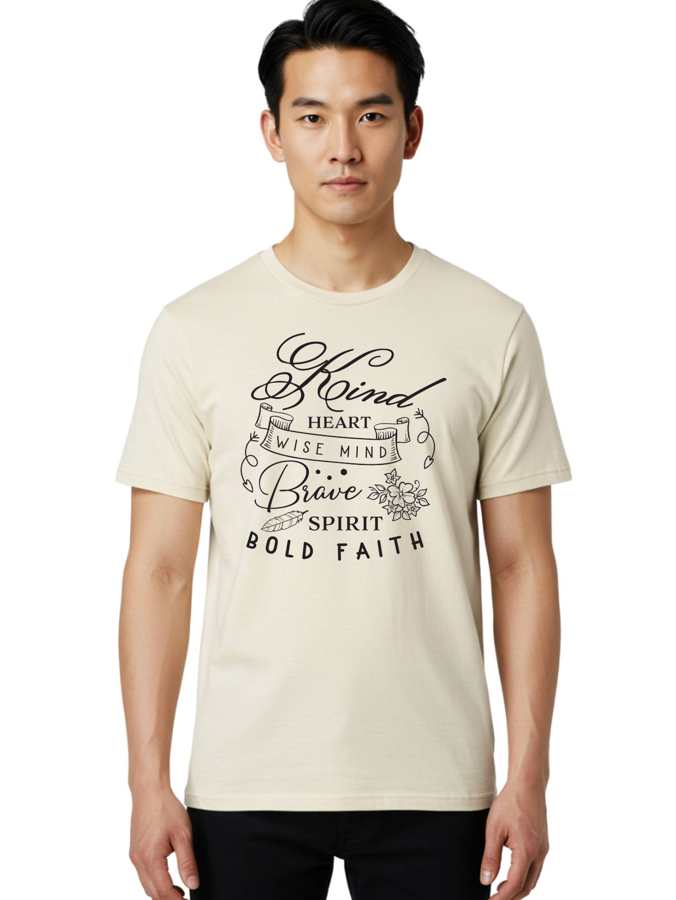 Kind-Heart-Brave-Spirit Men'S Graphic Tee, 100% Cotton, Comfortable Casual Summer Wear, Machine Washable, Inspirational Words, Motivational Quotes, Kind Heart, Wise Mind, Brave Spirit, Bold Faith, Positivity, Empowerment, Floral Elements, Aac918
