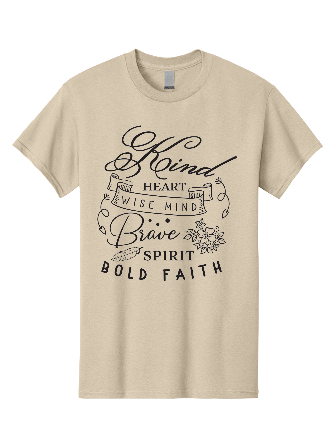 Kind-Heart-Brave-Spirit Men'S Graphic Tee, 100% Cotton, Comfortable Casual Summer Wear, Machine Washable, Inspirational Words, Motivational Quotes, Kind Heart, Wise Mind, Brave Spirit, Bold Faith, Positivity, Empowerment, Floral Elements, Aac918