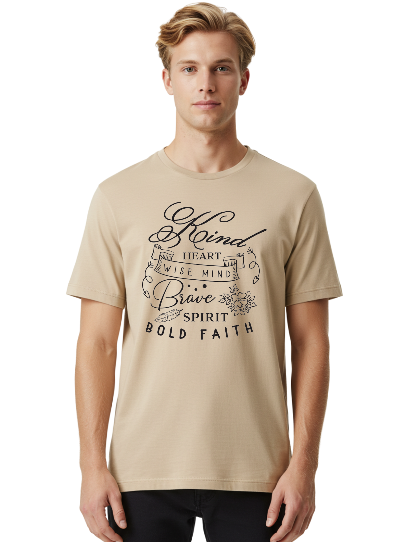 Kind-Heart-Brave-Spirit Men'S Graphic Tee, 100% Cotton, Comfortable Casual Summer Wear, Machine Washable, Inspirational Words, Motivational Quotes, Kind Heart, Wise Mind, Brave Spirit, Bold Faith, Positivity, Empowerment, Floral Elements, Aac918
