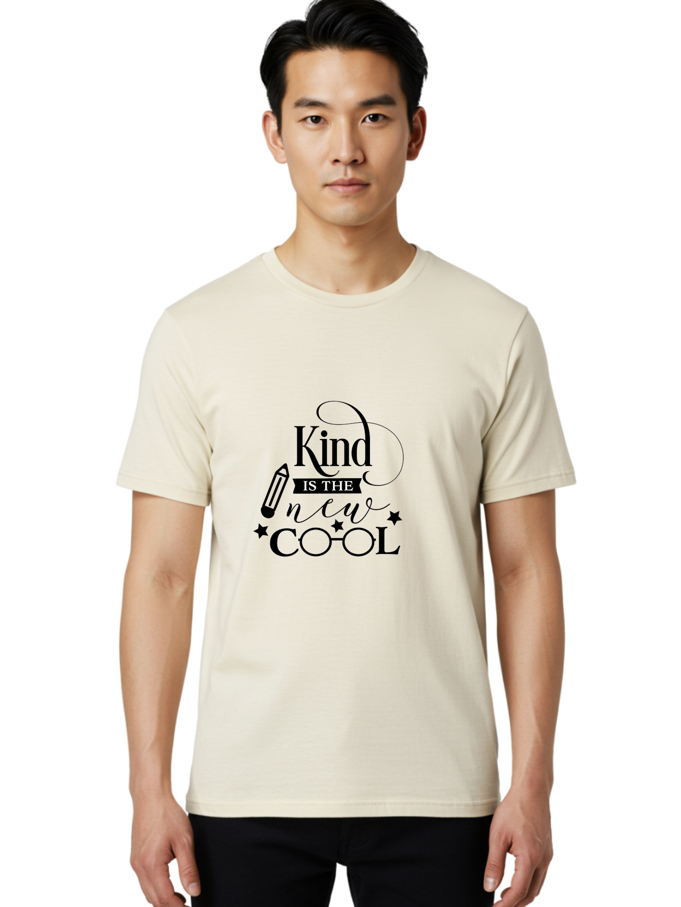 Kind-Is-The-New-Cool Men'S Graphic Tee, 100% Cotton, Comfortable Casual Summer Wear, Machine Washable, Kindness Matters, Inspirational Quote, Positivity, Motivation, Cool Vibes, Pencil Icon, Stars, Trendy Design Elements, Motivational Phrases Aac919
